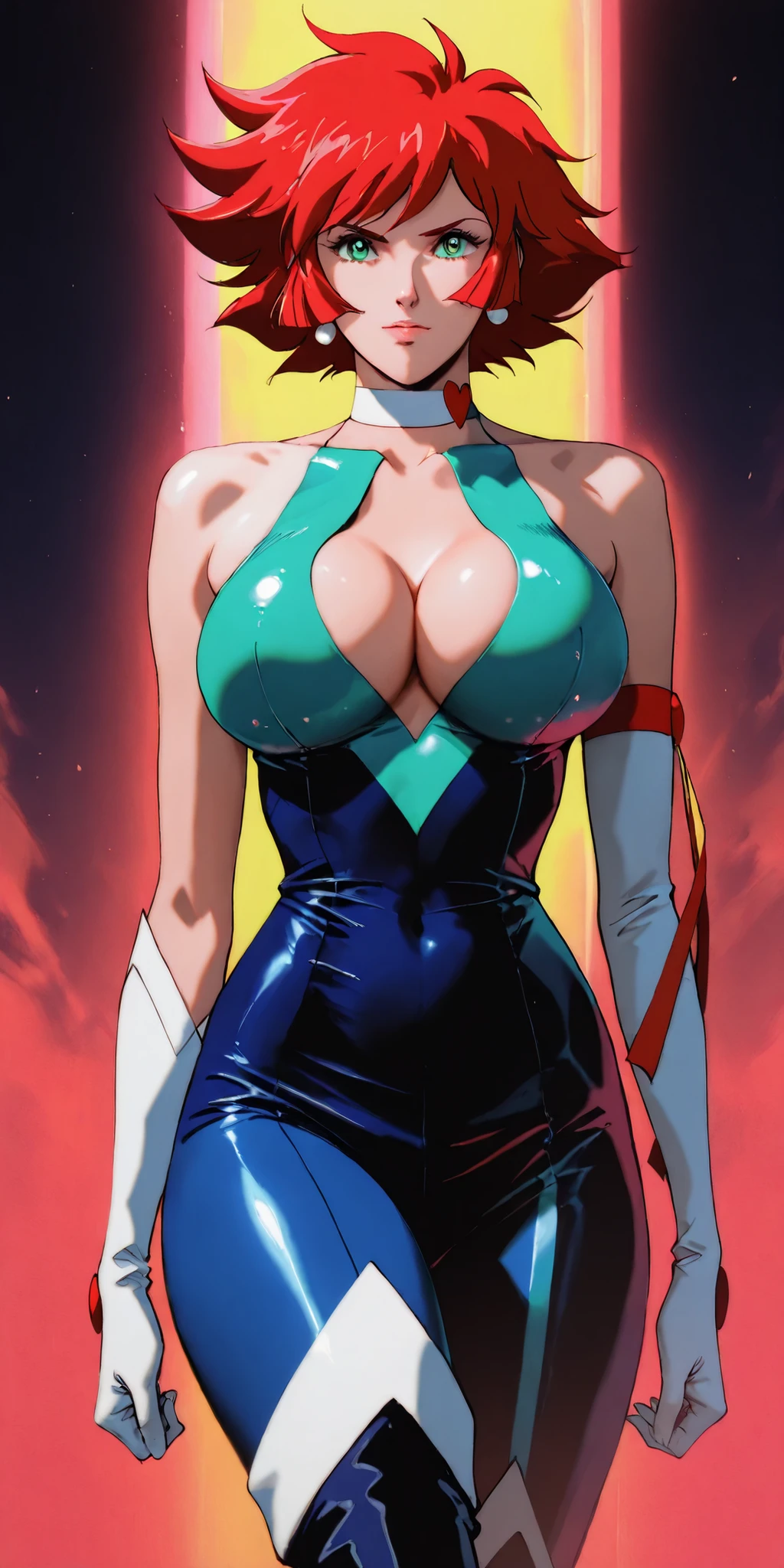 masterpiece, Highest Quality , vivid, very beautiful, high contrast , semi-realistic , Newest, absinthe dress, 1 girl,Cutie_Honey,赤い髪、short hair、green eyes、 bodysuit、big boobs、Cleevidge、cleavage cutout、was perfect、choker、boots、Elbow Gloves、Wristband、earrings