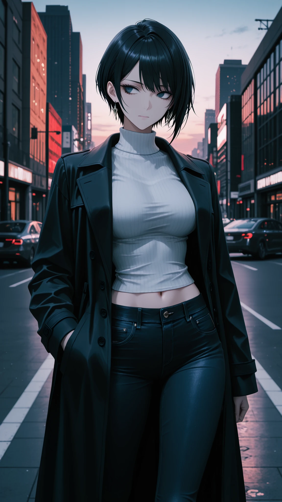 High Quality, masterpiece, Ultra High Definition, Cool Beauty, short hair, Sharp Eyes, slim figure visible to the navel, high neck sweater, tight jeans, long coat, stylish, FASHION MODELS, Urban Atmosphere, staring into the distance, Confident Expression, Refined Atmosphere, bluish black hair, Urban Scenery, evening, professional photo