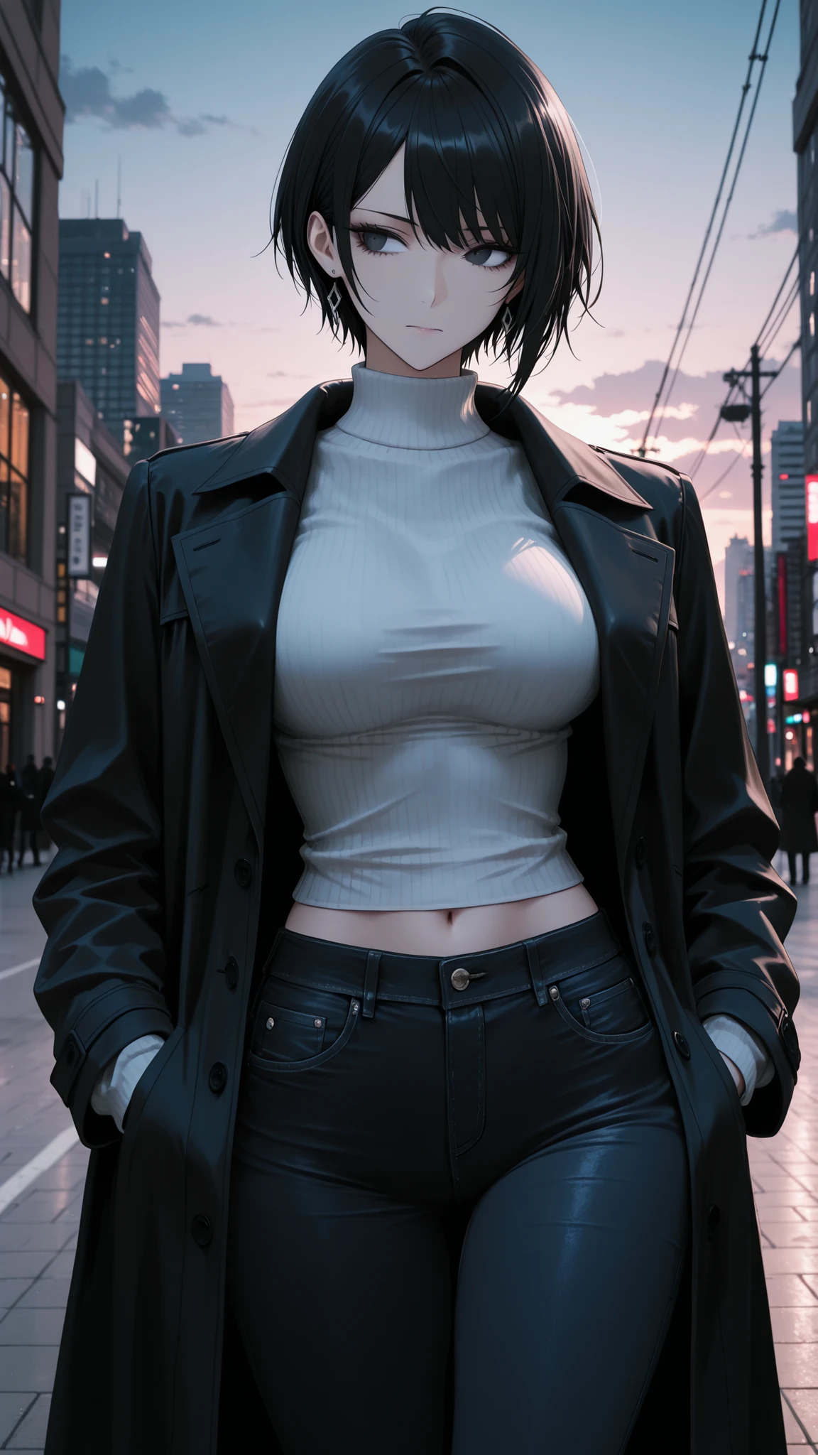 High Quality, masterpiece, Ultra High Definition, Cool Beauty, short hair, Sharp Eyes, slim figure visible to the navel, high neck sweater, tight jeans, long coat, stylish, FASHION MODELS, Urban Atmosphere, staring into the distance, Confident Expression, Refined Atmosphere, bluish black hair, Urban Scenery, evening, professional photo