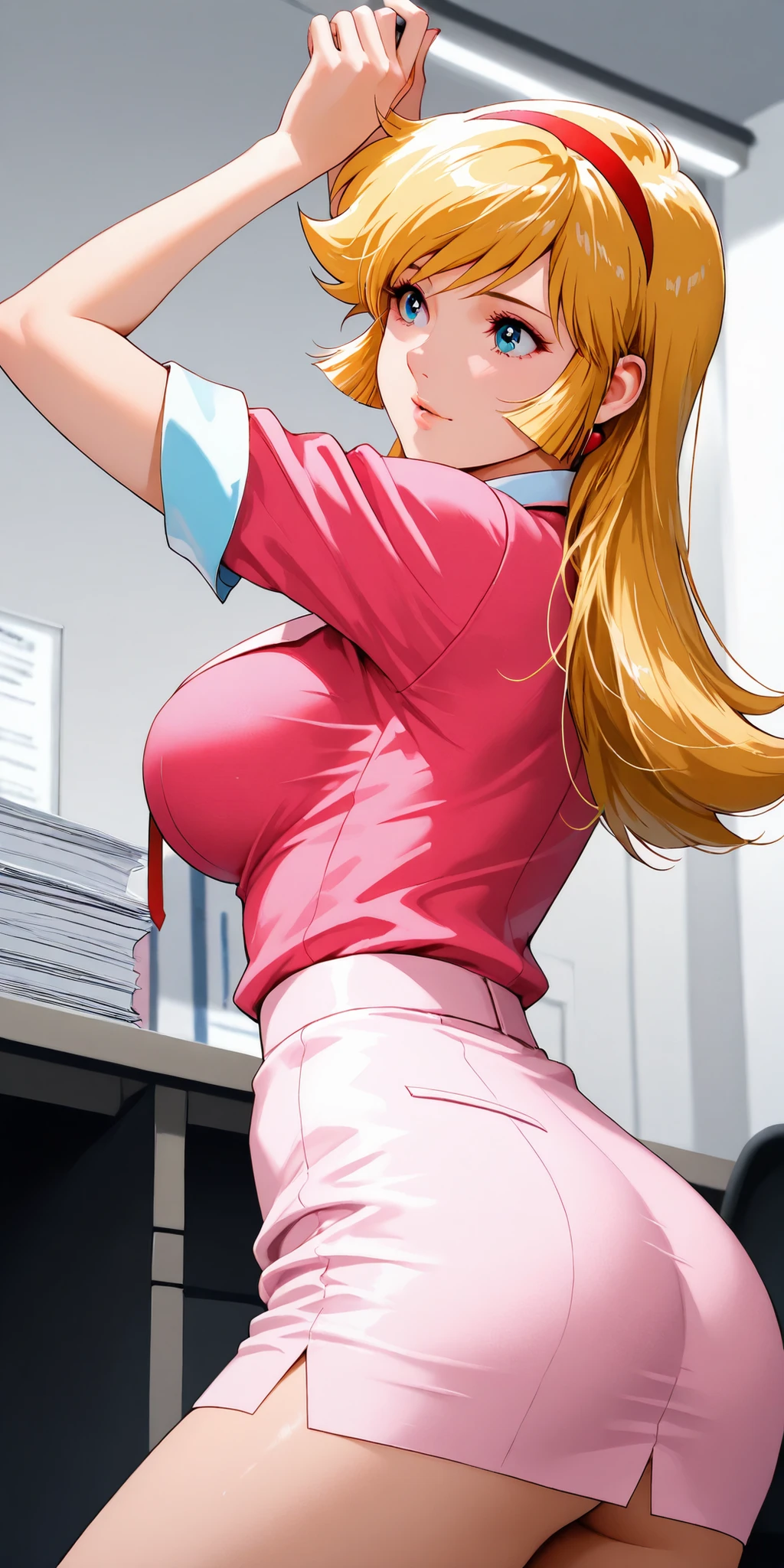 masterpiece, Highest Quality , vivid, very beautiful, high contrast , semi-realistic , Newest, 1girl、Kisaragi Honey \(Cutie Honey\), Blonde, long hair, blue eyes, bangs,perfect eye alignment、big boobs、perfect body、mature woman 、Verland Details、hands up、pink business suit、white pencil skirt、short skirt、works in an office、 is picking up papers that fell to the floor 、Panchira、soft lights、Low-Angle Perspective、from behind、A butt that closes your eyes very much、