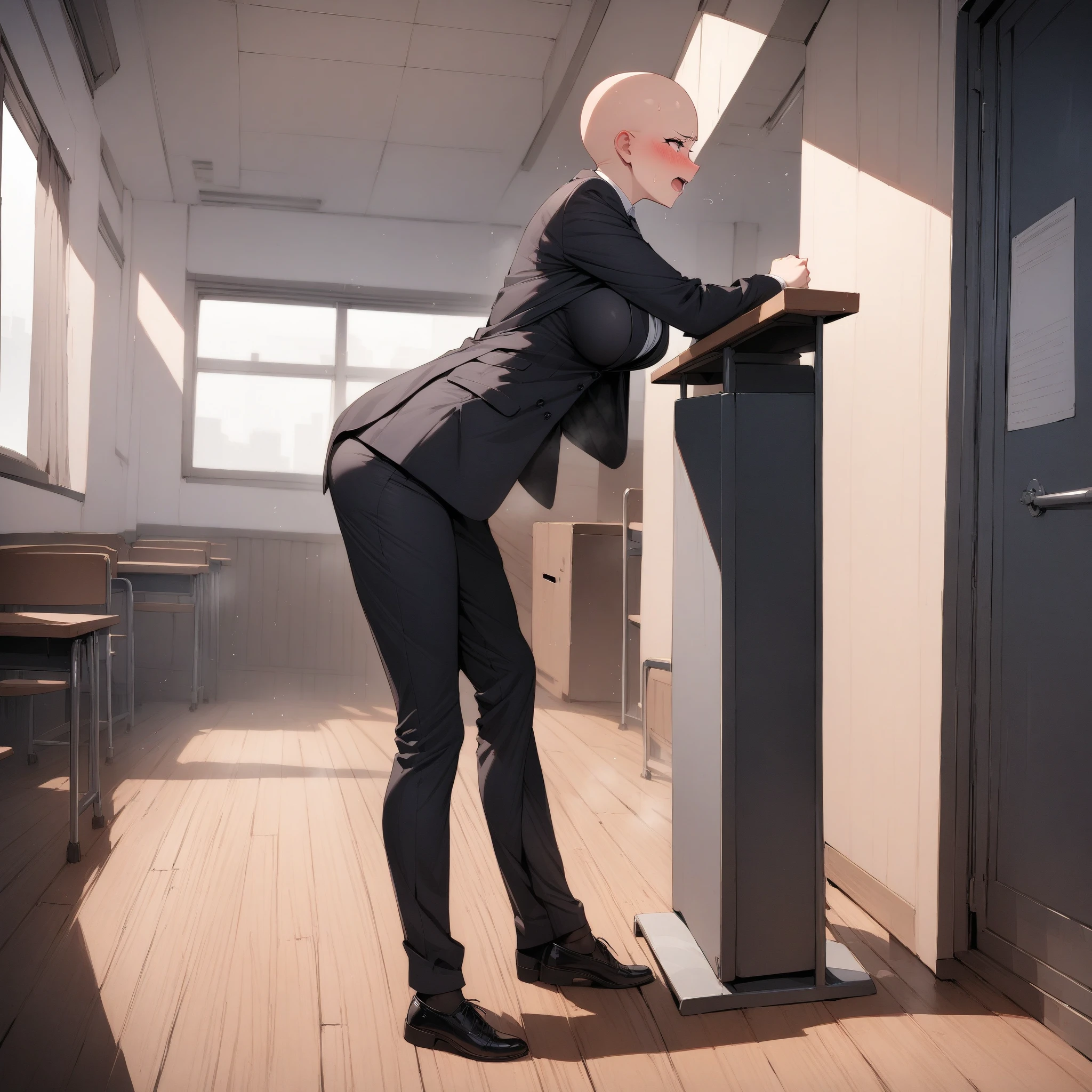 judyhopps, purple eyes, rabbit, rabbit ears, rabbit girl, (((black skirt suit))), (((three-piece suit))), (((dress shirt))), (((necktie))), (((blazer))), (((suit jacket))), ((waistcoat)), double-breasted waistcoat, (((satin bodycon ))), pocket square, cufflinks, tie clip, makeup, eyeshadow, mascara, eyeliner, sultry, , , , , , high heels,  on face, male tiger, size difference, short, squatting, , multiple , blowbang, , messy,  on clothes, smile