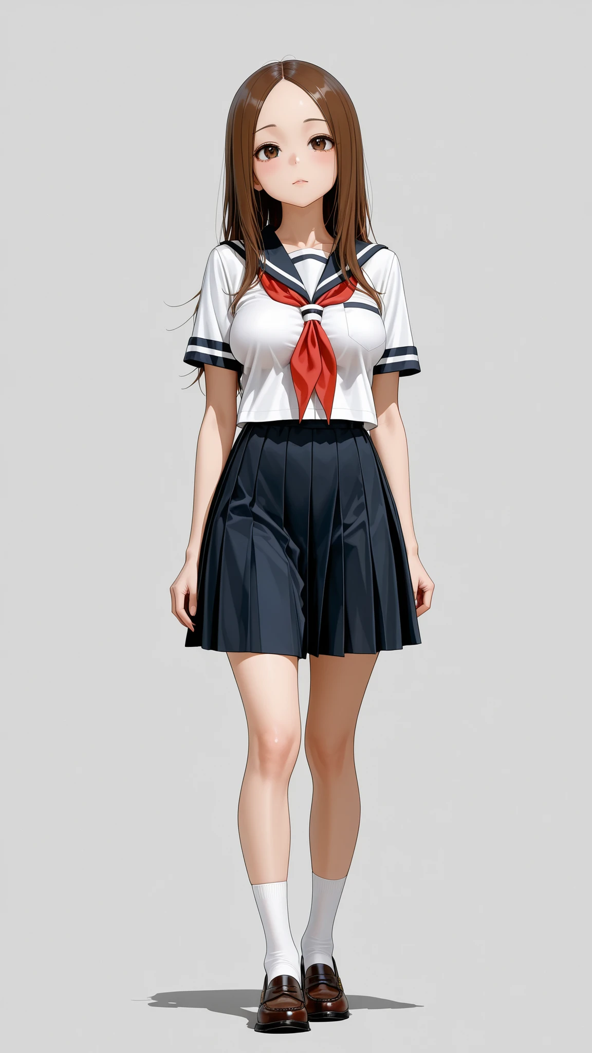 Takagi-san, uniform school, full body, The golden ratio, Proper composition,BEAUTIFUL ILLUSTRATION, (masterpiece, detailed:1.2), maorix,score_9, score_8_up, score_7_up, score_6_up, score_5_up, 1girl, huge tit, five anatomically correct fingers, close-up, super quality, 8k, super quality, beautiful Japanese woman, teen, 表情のclose-up, detailed eyes, careful brown iris, high resolution, Beautiful Japanese woman with big boobs standing, anatomically correct ratio :1.331, Tiny Head :1.331, detailed skin, detailed face, dynamic pose, The viewer looks up at her, grey background, brown hair, tranparent brown eyes