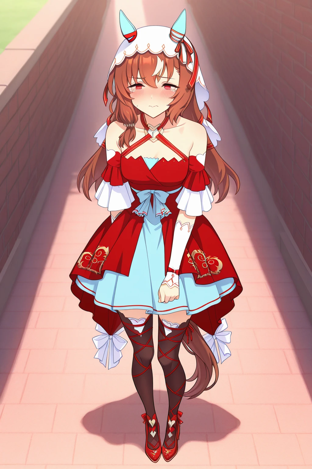 paimon, 1girl, solo, long hair, skirt, shirt, long sleeves, hat, dress, hair between eyes, green eyes, tail, white shirt, red hair, frills, horn, shoes, pointy ears, socks, puffy sleeves, apron, high heels, plaid, demon girl, frilled dress, white socks, red footwear, demon tail, corset, skin fang, bloomers,

from behind, hand on forehead, surprised, mouth open,



masterpiece, best quality,amazing quality, very aesthetic, absurdres, depth of field, blurry background, extremely detailed face, detailed eyes