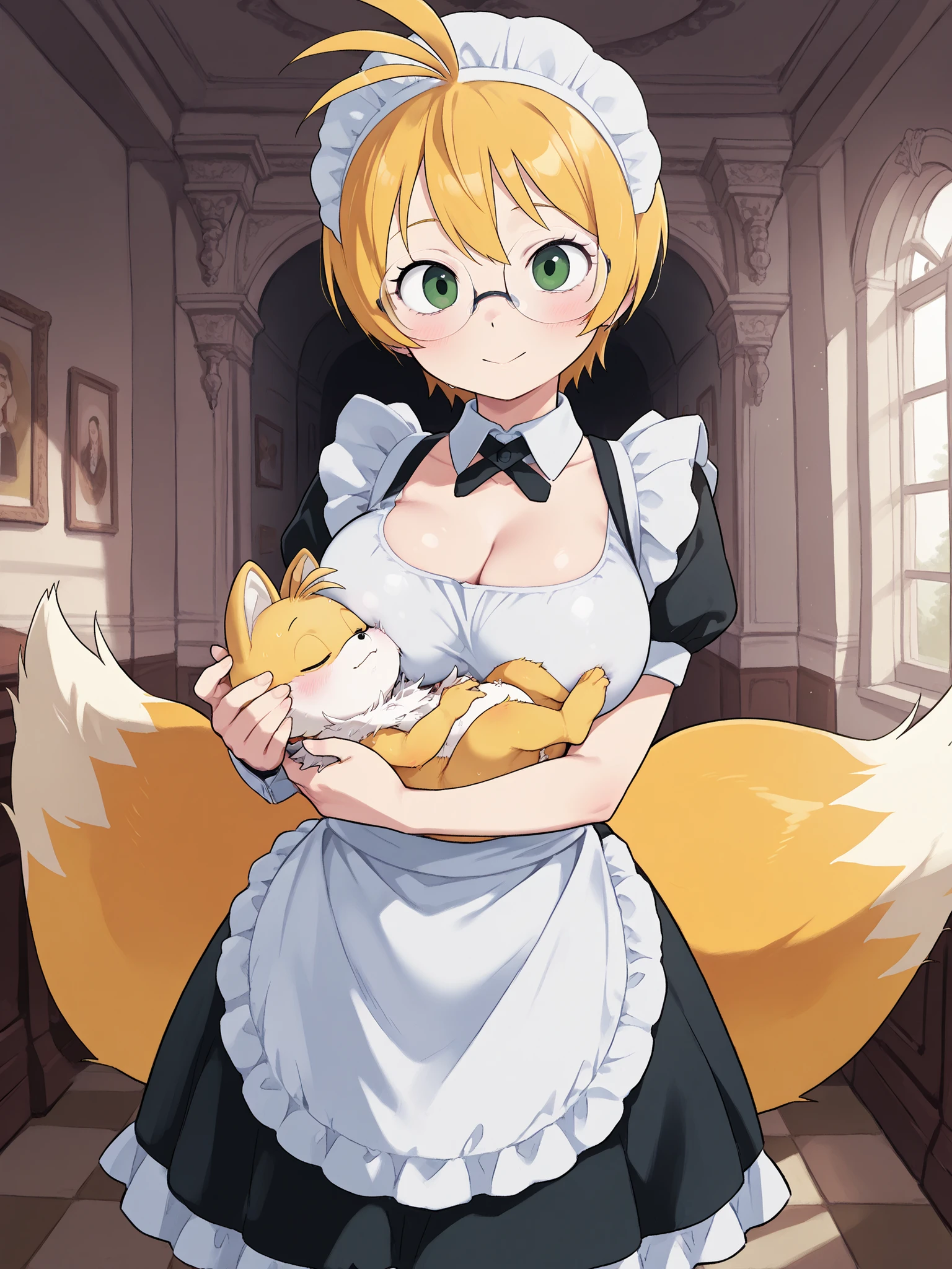 (masterpiece, Upper parts), incredible quality, muy estético, absurd, high-resolution hairstyle, NEW , HDR-10, 8K, cinematic, professional photo, chica, (((Miles "Tails" Prower:1.25))), ((( short clothing, nursing a big baby:1))), Pechos grandes, short clothing, (Small but curvy), glasses, dressed as a French anime maid, blonde, green eyes, mother and baby:1, Standing, front view, (((innocent expression))), (((neckline))), impressive grain, Mansion environment, visto de frente, It is observed, subsurface dispersion, translucent, brilliant, SSS, of the highest quality, atmospheric haze , Illustrations P0s , (super quality:1.2), hairy, very excited