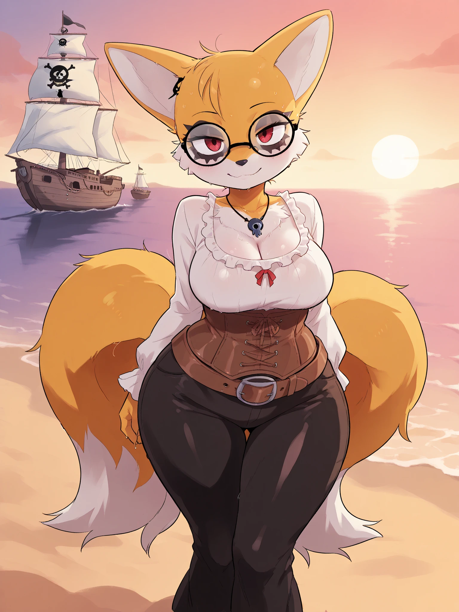 (masterpiece, the best quality), incredible quality, muy estético, absurd, high resolution, NEW , HDR-10, 8K, cinematic, professional photo, chica, librarian, (((Miles "Tails" Prower:1.2))), Pechos grandes, (Small but curvy), glasses, fat nose, wide hips, pirate dress with leather corset:1, standing, black necklace, (((seductive expression))), (((neckline))), on the beach, Pirate ship in the distance, detailed background, subsurface dispersion, translucent, brilliant, SSS, of the highest quality, atmospheric haze , IllustrationsP0s , (super quality:1.2), very excited