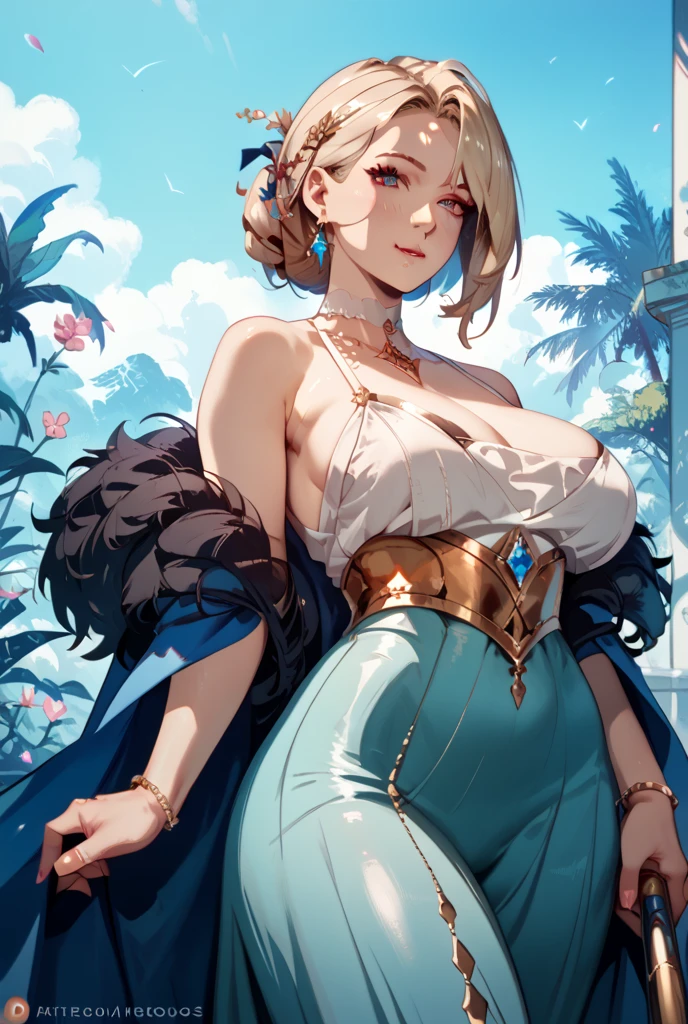 fayobo style, tmasterpiece, Best quality, 1 sister, 21yo, ssmile, red pink lips, Water-colored eyes, blue beret hat, Blonde hair, shut up, ear  ring, has cleavage, gem ear  ring, jewely, looking at viewert, mini-skirts, The shirt, Blue shawl, Short hair details, Alone, cow boy shooting, Place your hands behind your head, Desolation, Dark, hight contrast, Caustics