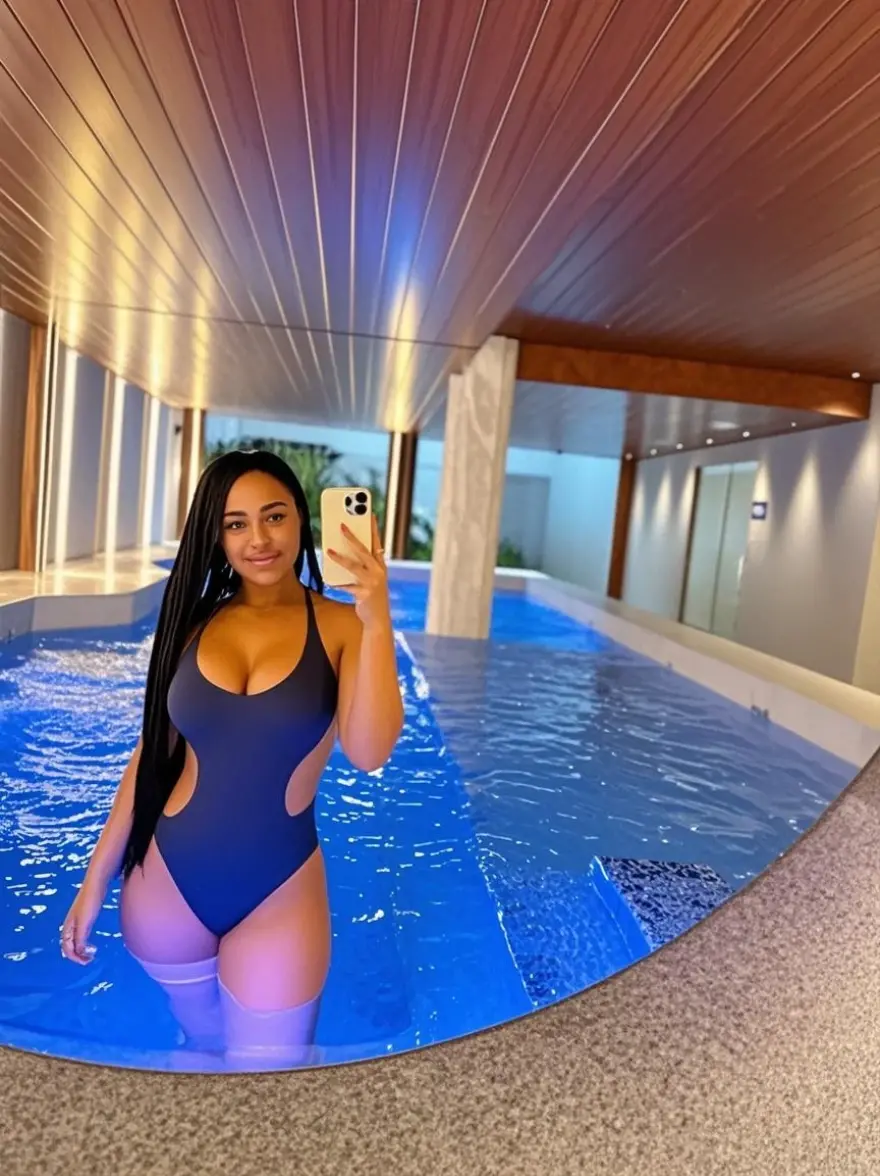 'une femme séduisante dans un cadre parfait pour un post Instagram. La femme a une silhouette élancée et porte une robe moulante élégante de couleur bleu électrique avec des détails sophistiqués et séduisants. Ses cheveux sont longs, lisses et noir jais, tombant librement sur ses épaules. Elle porte un maquillage glamour avec un rouge à lèvres bordeaux intense et un eye-liner dramatique. La femme pose de manière confiante, une main sur la hanche et l'autre tenant une coupe de champagne, avec un sourire énigmatique et séduisant sur son visage. Le décor est une terrasse élégante au bord d'une piscine à débordement, située sur le toit d'un hôtel de luxe avec une vue panoramique sur l'horizon urbain illuminé la nuit. La piscine est éclairée par des lumières LED subtiles qui créent une ambiance envoûtante. Autour de la piscine, il y a des chaises longues modernes avec des coussins confortables et des parasols en toile blanche. Des guirlandes lumineuses et des lanternes suspendues ajoutent une touche de charme et de romantisme. Des plantes exotiques en pots et des arrangements floraux raffinés accentuent l'élégance du lieu. À proximité, une table basse en marbre est décorée avec des bougies parfumées allumées, des pétales de roses et des flûtes à champagne, ajoutant une touche de luxe et de romance. La palette de couleurs est moderne et élégante, dominée par des tons de bleu nuit, d'argent et de blanc, avec une ambiance générale de sophistication, de séduction et de raffinement.