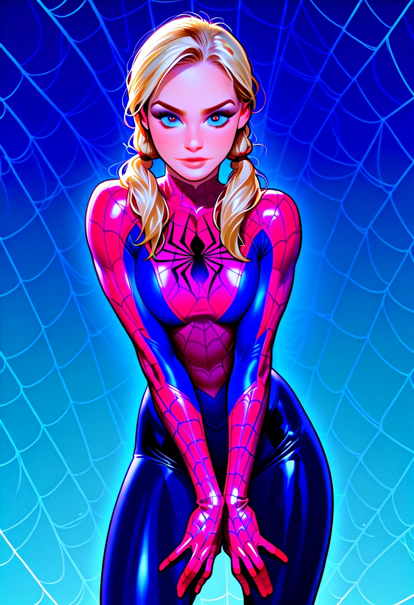 a woman in a spider - man suit is posing for a picture, spiderwoman!!!!!, spiderwoman!!, (cameron diaz:1.2) as spiderman, spider woman, ( ( spiderwoman ) ), long blonde pigtails, super hero pose, awesome pose, wearing tight suit, spiderman, spiderman!!, posing like a superhero, spider - man, spider-man
