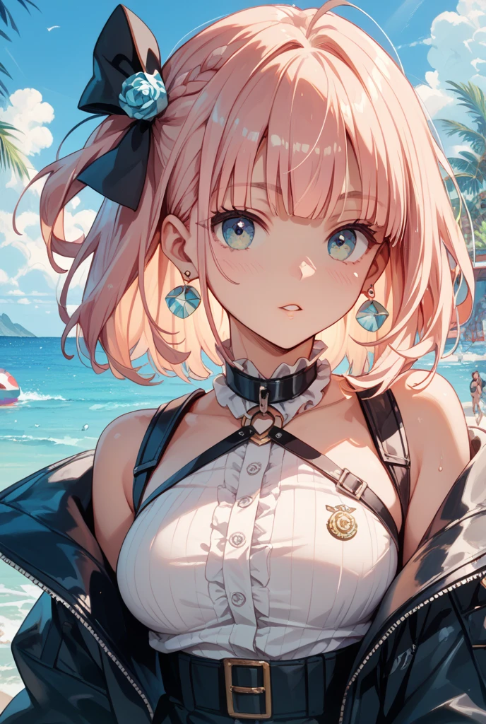 Nino Nakano is a character that appears in the anime "The Quintessential Quintuplets" 「The background is a sunny day at the sandy beach...」The eyes of this character are blue. My hairstyle is a bob cut with shockingpink color. This character is wearing a butterfly hair accessory. Please focus on this character. This character has a very lovely smile.high Quality. .. masterpiece,best quality,ultra detailed, My  size is D cup. The background is a sunny day at the sandy beach. This character is wearing an off shoulder bikini. The off shoulder bikini has a pattern of purple and black stripes.

