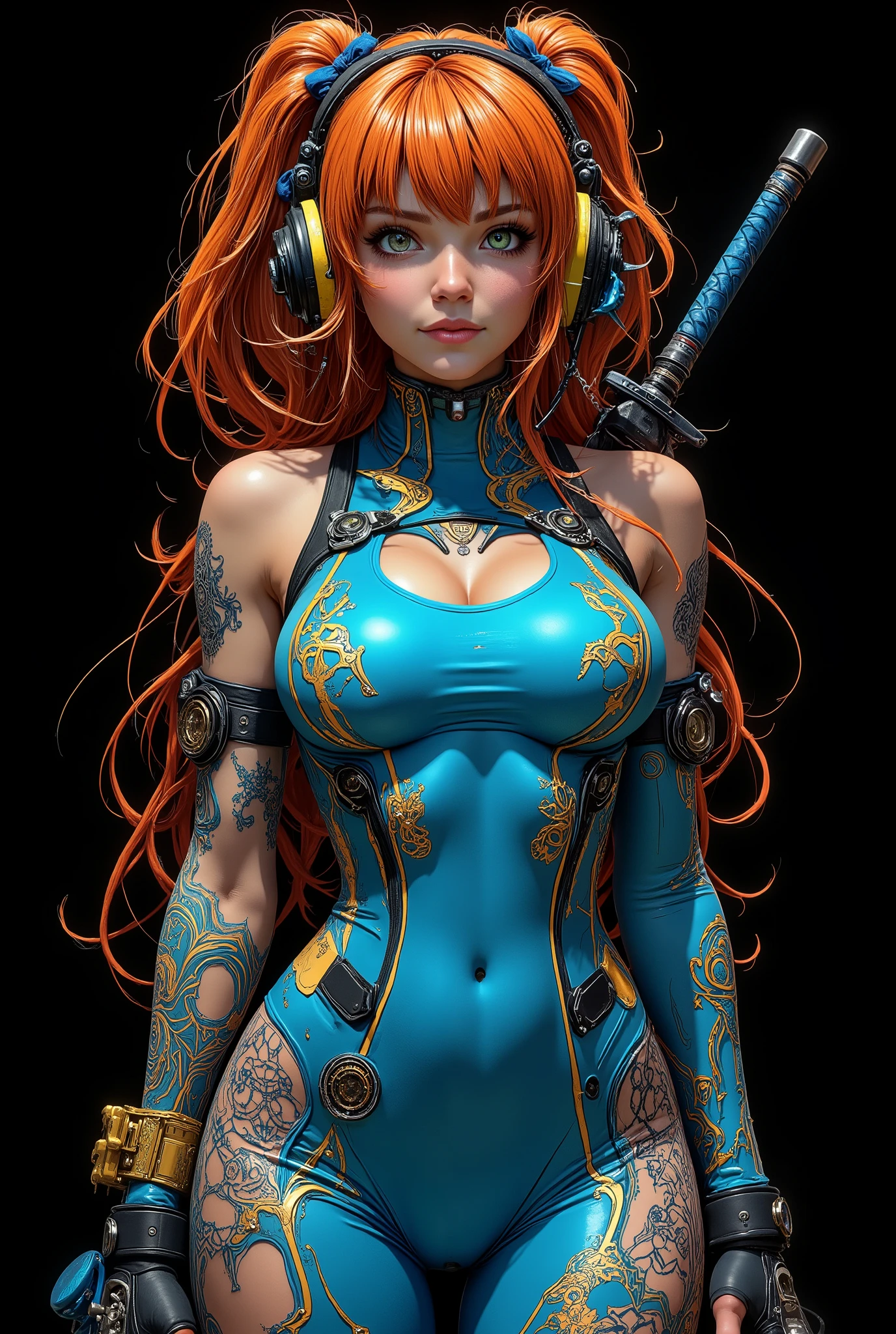 mecha art, ultra detailed,complex art,Wide shot, black background, random, surprising, and sensual poses.
A futuristic warrior with an urban, mystical cyberpunk aesthetic. She has orange-red hair, two bows tied on the sides of her head, very long, wavy hair with bangs, highly detailed green eyes, full, moist, parted lips, a mysterious, sensual expression, and a wicked smile. She is wearing a tight-fitting electric blue jumpsuit decorated with cryptic symbols, black and yellow headphones with a built-in microphone, and blue night vision goggles. Her partially bare torso reveals intricate tribal tattoos with metallic gold etchings. She combines ancient mysticism with a futuristic design. She wears black combat boots. A katana with a blue and black checkered hilt is strapped to her back, reinforcing her warrior persona. The work combines samurai aesthetics with a supernatural, almost mythical energy, evoking a sense of power and mysticism. beautiful and dangerous.