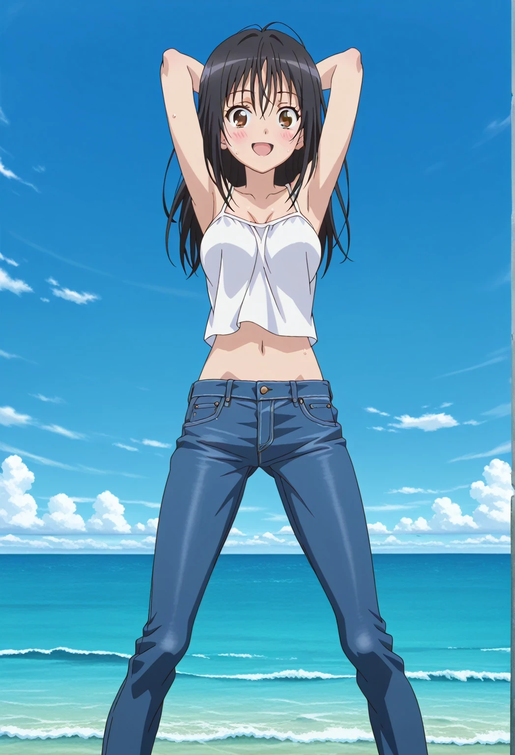 score_9, score_8_up, score_7_up, source_anime, highres, hi res, ((best quality, top quality, perfect quality, Highest Quality, amazing quality)), {{masterpiece}}, {{an extremely delicate and beautiful}}, 2d, intricate details, official style, anime, 8k, anime style, official_anime, official art, digital painting, cell shading, soft shading, high resolution, soothing tones, Subdued Color, Soft cinematic light, adobe lightroom, photolab, HDR, intricately and hyper-detailed, ((high quality animation)), 1 girl, Alone, solo, ((ocean)), tsunami, on the water, day, sunny, outdoors, sky, windy, seiri fukiyose, long hair, black hair, brown eyes, hair between eyes, anime screencap, medium breasts, white camisole top, crop top, white crop top, best quality, hyper-detailed jeans, ((blue jeans:1.9)), (dark blue jeans:0.6), full medium body, medium shot, Open mouth, smiling, happy face, blush, sweat, standing, ((arms behind head:6.0)), bowlegged, jumping pose, action, looking at viewer, spread legs, Bend knees slightly, straight-on front view