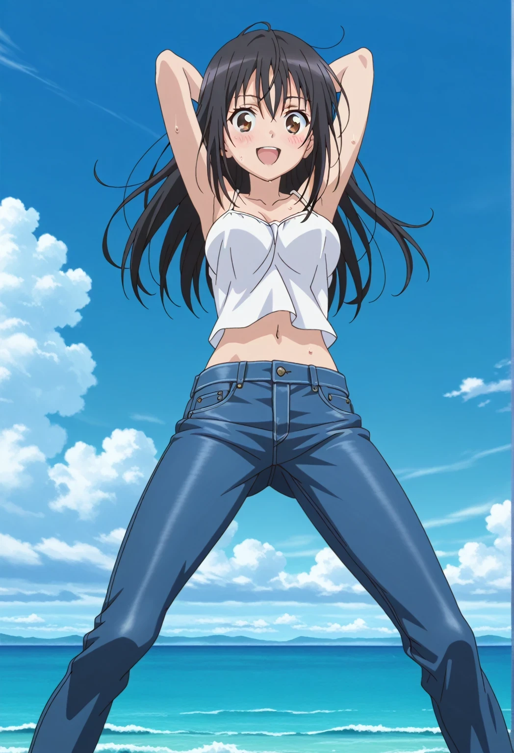 score_9, score_8_up, score_7_up, source_anime, highres, hi res, ((best quality, top quality, perfect quality, Highest Quality, amazing quality)), {{masterpiece}}, {{an extremely delicate and beautiful}}, 2d, intricate details, official style, anime, 8k, anime style, official_anime, official art, digital painting, cell shading, soft shading, high resolution, soothing tones, Subdued Color, Soft cinematic light, adobe lightroom, photolab, HDR, intricately and hyper-detailed, ((high quality animation)), 1 girl, Alone, solo, ((ocean)), tsunami, on the water, day, sunny, outdoors, sky, windy, seiri fukiyose, long hair, black hair, brown eyes, hair between eyes, anime screencap, medium breasts, white camisole top, crop top, white crop top, best quality, hyper-detailed jeans, ((blue jeans:1.9)), (dark blue jeans:0.6), full medium body, medium shot, Open mouth, smiling, happy face, blush, sweat, standing, ((arms behind head:6.0)), bowlegged, jumping pose, action, looking at viewer, spread legs, Bend knees slightly, straight-on front view