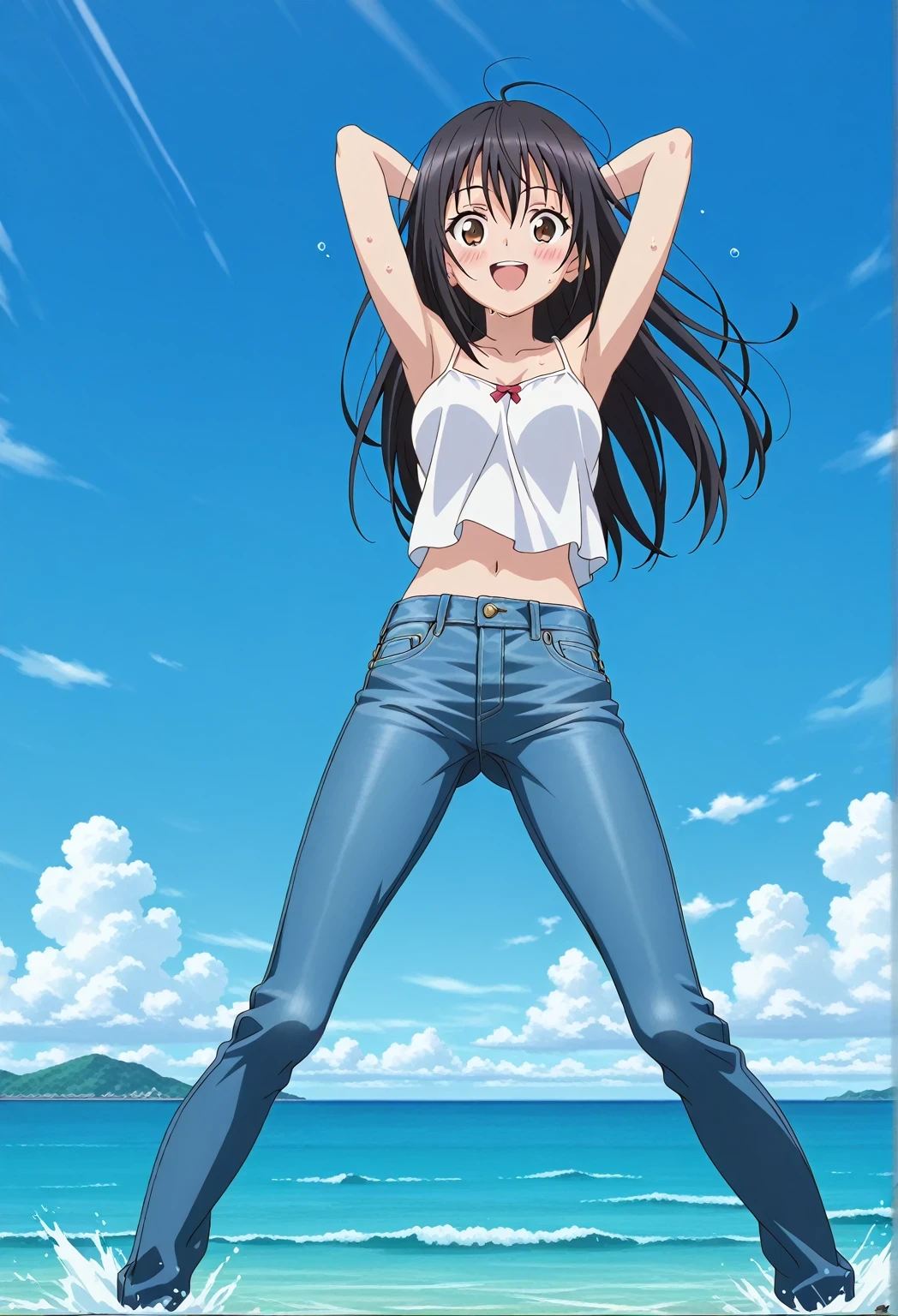 score_9, score_8_up, score_7_up, source_anime, highres, hi res, ((best quality, top quality, perfect quality, Highest Quality, amazing quality)), {{masterpiece}}, {{an extremely delicate and beautiful}}, 2d, intricate details, official style, anime, 8k, anime style, official_anime, official art, digital painting, cell shading, soft shading, high resolution, soothing tones, Subdued Color, Soft cinematic light, adobe lightroom, photolab, HDR, intricately and hyper-detailed, ((high quality animation)), 1 girl, Alone, solo, ((ocean)), tsunami, on the water, day, sunny, outdoors, sky, windy, seiri fukiyose, long hair, black hair, brown eyes, hair between eyes, anime screencap, medium breasts, white camisole top, crop top, white crop top, best quality, hyper-detailed jeans, ((blue jeans:1.9)), (dark blue jeans:0.6), full medium body, medium shot, Open mouth, smiling, happy face, blush, sweat, standing, ((arms behind head:6.0)), bowlegged, jumping pose, action, looking at viewer, spread legs, Bend knees slightly, straight-on front view