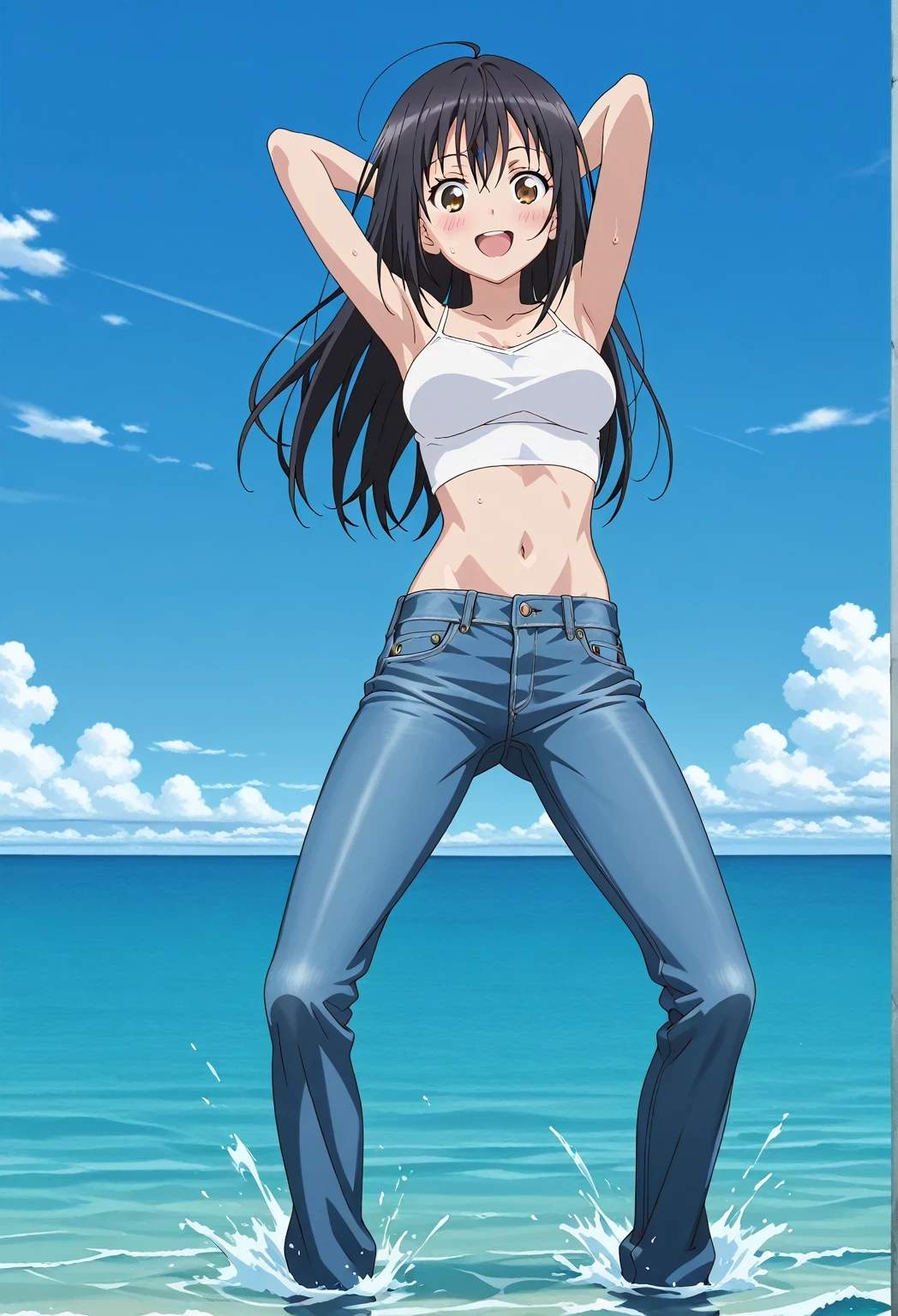 score_9, score_8_up, score_7_up, source_anime, highres, hi res, ((best quality, top quality, perfect quality, Highest Quality, amazing quality)), {{masterpiece}}, {{an extremely delicate and beautiful}}, 2d, intricate details, official style, anime, 8k, anime style, official_anime, official art, digital painting, cell shading, soft shading, high resolution, soothing tones, Subdued Color, Soft cinematic light, adobe lightroom, photolab, HDR, intricately and hyper-detailed, ((high quality animation)), 1 girl, Alone, solo, ((ocean)), tsunami, on the water, day, sunny, outdoors, sky, windy, seiri fukiyose, long hair, black hair, brown eyes, hair between eyes, anime screencap, medium breasts, white camisole top, crop top, white crop top, best quality, hyper-detailed jeans, ((blue jeans:1.9)), (dark blue jeans:0.6), full medium body, medium shot, Open mouth, smiling, happy face, blush, sweat, standing, ((arms behind head:6.0)), bowlegged, jumping pose, action, looking at viewer, spread legs, Bend knees slightly, straight-on front view