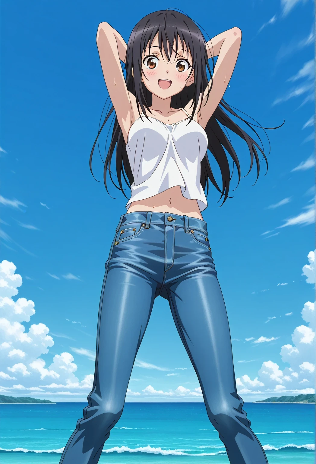 score_9, score_8_up, score_7_up, source_anime, highres, hi res, ((best quality, top quality, perfect quality, Highest Quality, amazing quality)), {{masterpiece}}, {{an extremely delicate and beautiful}}, 2d, intricate details, official style, anime, 8k, anime style, official_anime, official art, digital painting, cell shading, soft shading, high resolution, soothing tones, Subdued Color, Soft cinematic light, adobe lightroom, photolab, HDR, intricately and hyper-detailed, ((high quality animation)), 1 girl, Alone, solo, ((ocean)), tsunami, on the water, day, sunny, outdoors, sky, windy, seiri fukiyose, long hair, black hair, brown eyes, hair between eyes, anime screencap, medium breasts, white camisole top, crop top, white crop top, best quality, hyper-detailed jeans, ((blue jeans:1.9)), (dark blue jeans:0.6), full medium body, medium shot, Open mouth, smiling, happy face, blush, sweat, standing, ((arms behind head:6.0)), bowlegged, jumping pose, action, looking at viewer, spread legs, Bend knees slightly, straight-on front view