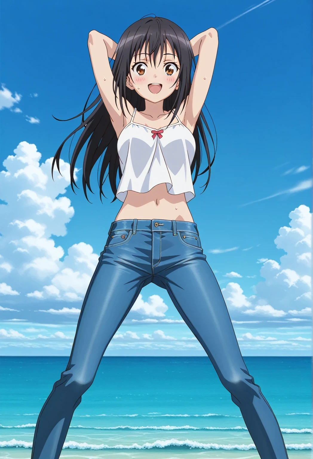 score_9, score_8_up, score_7_up, source_anime, highres, hi res, ((best quality, top quality, perfect quality, Highest Quality, amazing quality)), {{masterpiece}}, {{an extremely delicate and beautiful}}, 2d, intricate details, official style, anime, 8k, anime style, official_anime, official art, digital painting, cell shading, soft shading, high resolution, soothing tones, Subdued Color, Soft cinematic light, adobe lightroom, photolab, HDR, intricately and hyper-detailed, ((high quality animation)), 1 girl, Alone, solo, ((ocean)), tsunami, on the water, day, sunny, outdoors, sky, windy, seiri fukiyose, long hair, black hair, brown eyes, hair between eyes, anime screencap, medium breasts, white camisole top, crop top, white crop top, best quality, hyper-detailed jeans, ((blue jeans:1.9)), (dark blue jeans:0.6), full medium body, medium shot, Open mouth, smiling, happy face, blush, sweat, standing, ((arms behind head:6.0)), bowlegged, jumping pose, action, looking at viewer, spread legs, Bend knees slightly, straight-on front view