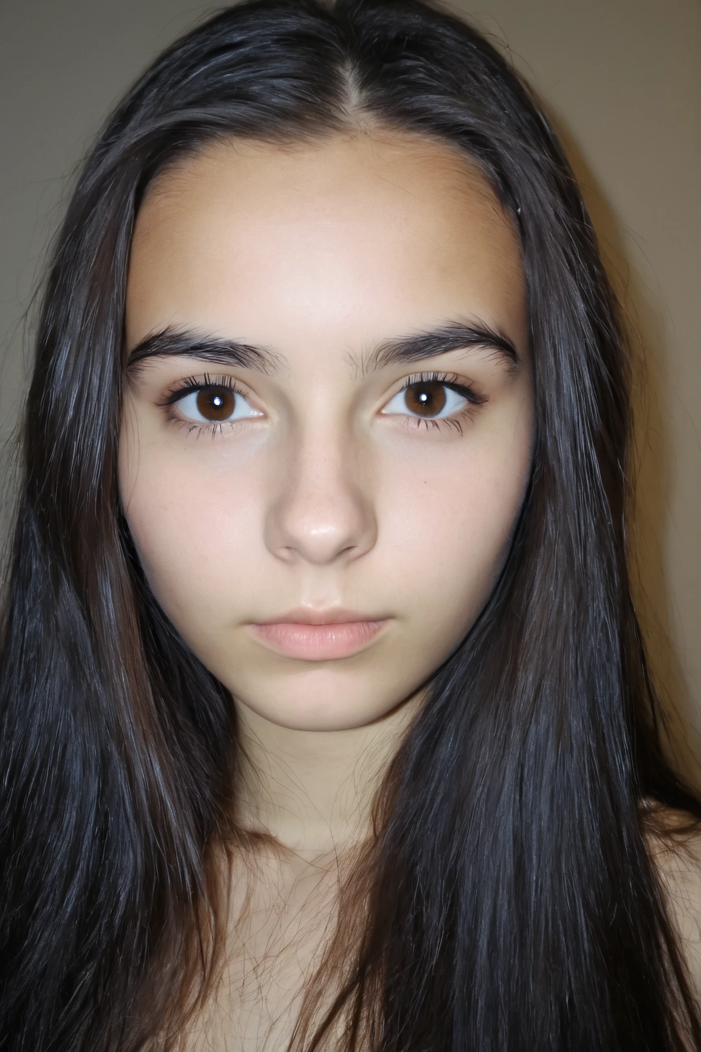 The photo shows a girl. She has dark, straight long hair with an even cut, and her skin is light and even. Her eyes are brown with a soft expression, and her eyebrows are dark and naturally shaped. she looks straight at the camera , full face.