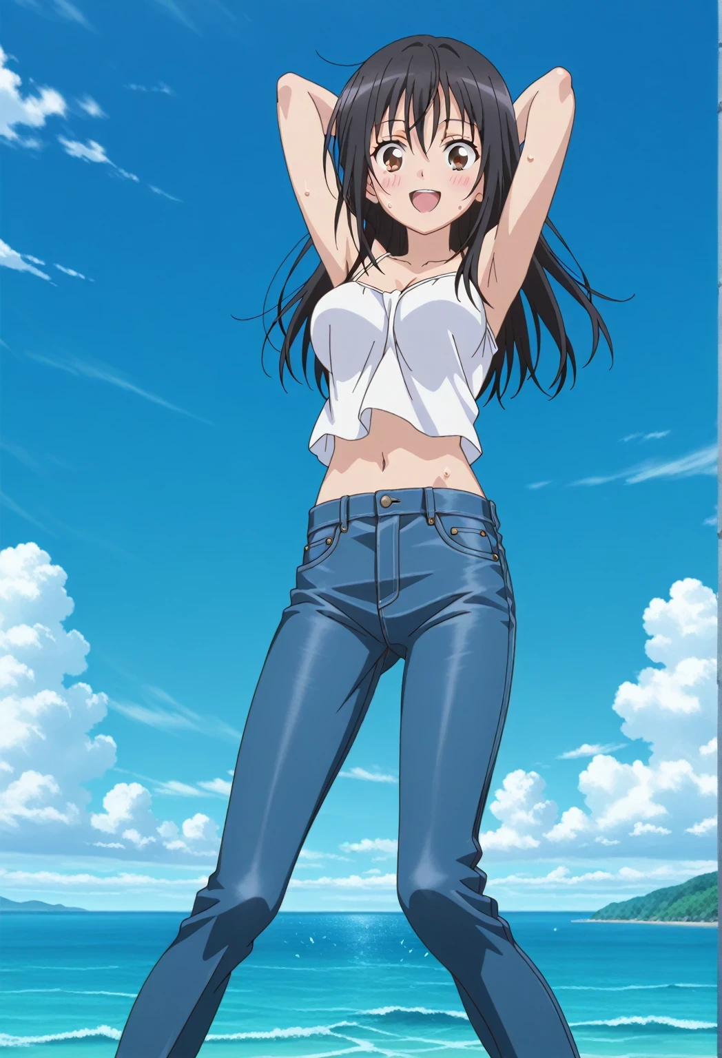 score_9, score_8_up, score_7_up, source_anime, highres, hi res, ((best quality, top quality, perfect quality, Highest Quality, amazing quality)), {{masterpiece}}, {{an extremely delicate and beautiful}}, 2d, intricate details, official style, anime, 8k, anime style, official_anime, official art, digital painting, cell shading, soft shading, high resolution, soothing tones, Subdued Color, Soft cinematic light, adobe lightroom, photolab, HDR, intricately and hyper-detailed, ((high quality animation)), 1 girl, Alone, solo, ((ocean)), tsunami, on the water, day, sunny, outdoors, sky, windy, seiri fukiyose, long hair, black hair, brown eyes, hair between eyes, anime screencap, medium breasts, white camisole top, crop top, white crop top, best quality, hyper-detailed jeans, ((blue jeans:1.9)), (dark blue jeans:0.6), full medium body, medium shot, Open mouth, smiling, happy face, blush, sweat, standing, ((arms behind head:6.0)), bowlegged, jumping pose, action, looking at viewer, spread legs, Bend knees slightly, straight-on front view