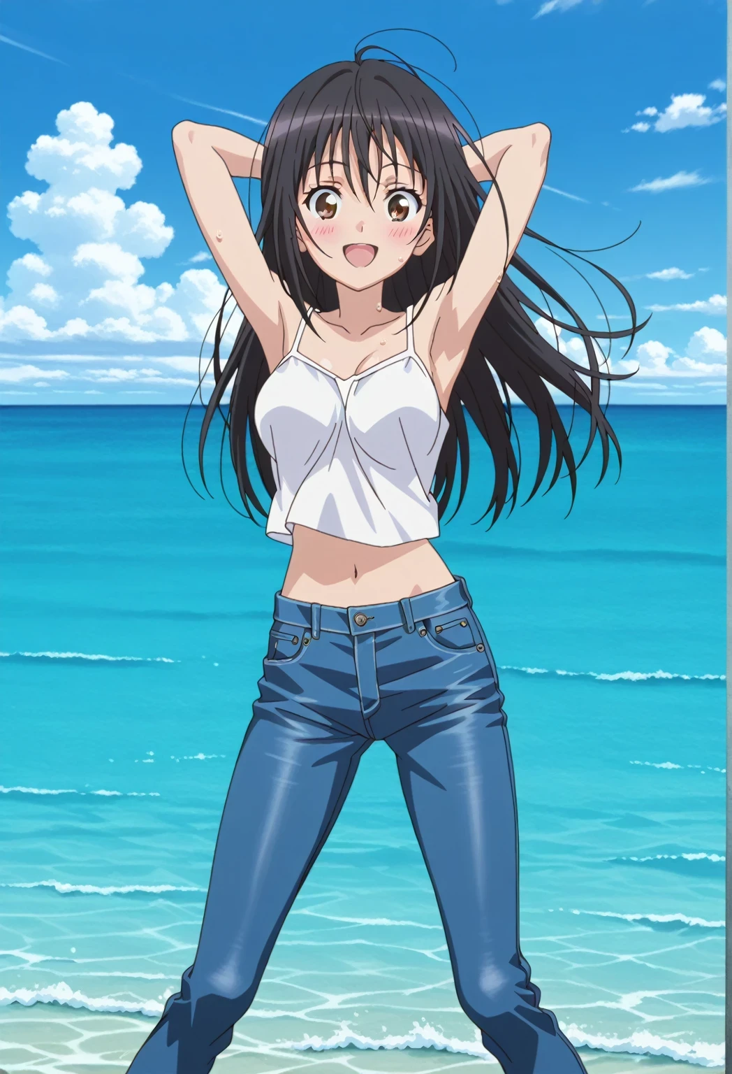 score_9, score_8_up, score_7_up, source_anime, highres, hi res, ((best quality, top quality, perfect quality, Highest Quality, amazing quality)), {{masterpiece}}, {{an extremely delicate and beautiful}}, 2d, intricate details, official style, anime, 8k, anime style, official_anime, official art, digital painting, cell shading, soft shading, high resolution, soothing tones, Subdued Color, Soft cinematic light, adobe lightroom, photolab, HDR, intricately and hyper-detailed, ((high quality animation)), 1 girl, Alone, solo, ((ocean)), tsunami, on the water, day, sunny, outdoors, sky, windy, seiri fukiyose, long hair, black hair, brown eyes, hair between eyes, anime screencap, medium breasts, white camisole top, crop top, white crop top, best quality, hyper-detailed jeans, ((blue jeans:1.9)), (dark blue jeans:0.6), full medium body, medium shot, Open mouth, smiling, happy face, blush, sweat, standing, ((arms behind head:6.0)), bowlegged, jumping pose, action, looking at viewer, spread legs, Bend knees slightly, straight-on front view