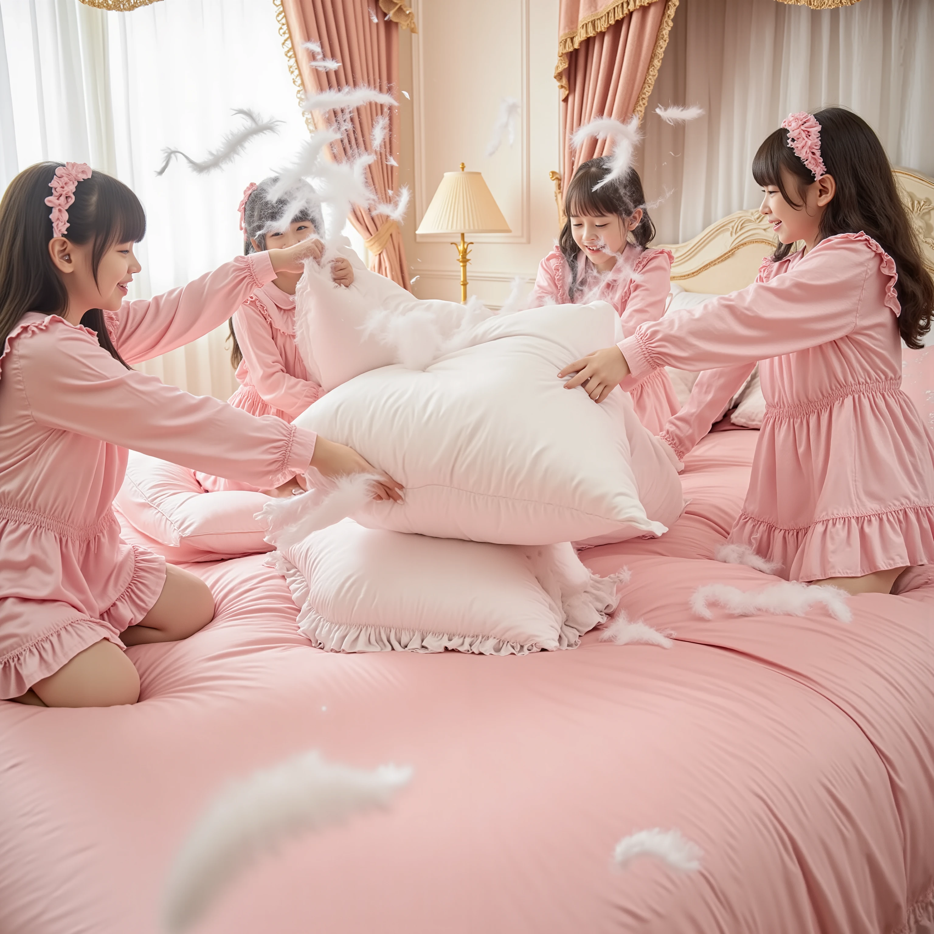 A group of little Japanese girls are having a lively pillow fight on a huge soft bed. They are wearing cute pastel-colored pajamas. Feathers burst and float beautifully through the air as they hit each other with pillows. The bed shakes with movement, and the scene is full of laughter and energy. Soft morning light comes through the curtains, illuminating the flying feathers. Cinematic camera movement, dynamic composition, 4K ultra-detailed