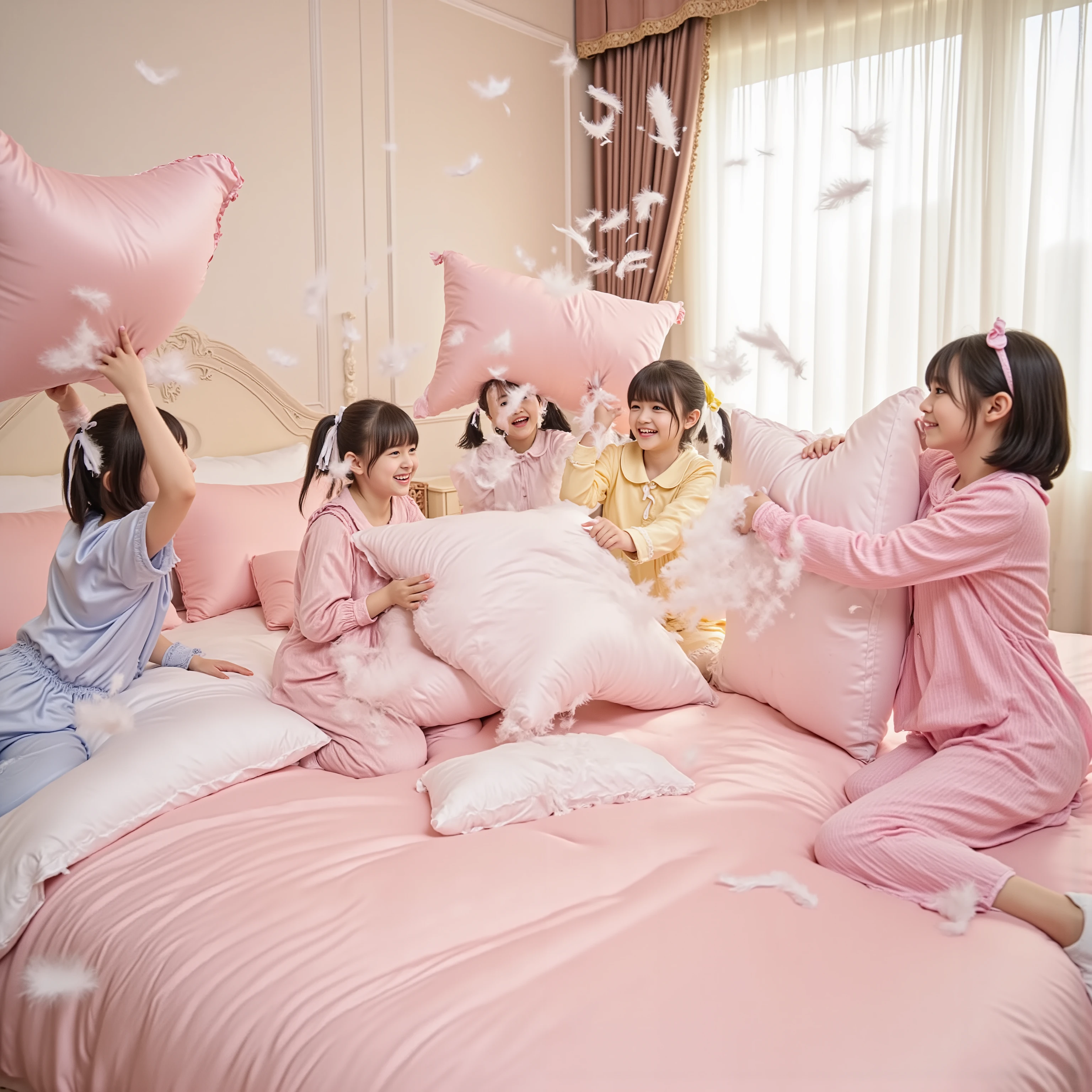 A group of little Japanese girls are having a lively pillow fight on a huge soft bed. They are wearing cute pastel-colored pajamas. Feathers burst and float beautifully through the air as they hit each other with pillows. The bed shakes with movement, and the scene is full of laughter and energy. Soft morning light comes through the curtains, illuminating the flying feathers. Cinematic camera movement, dynamic composition, 4K ultra-detailed