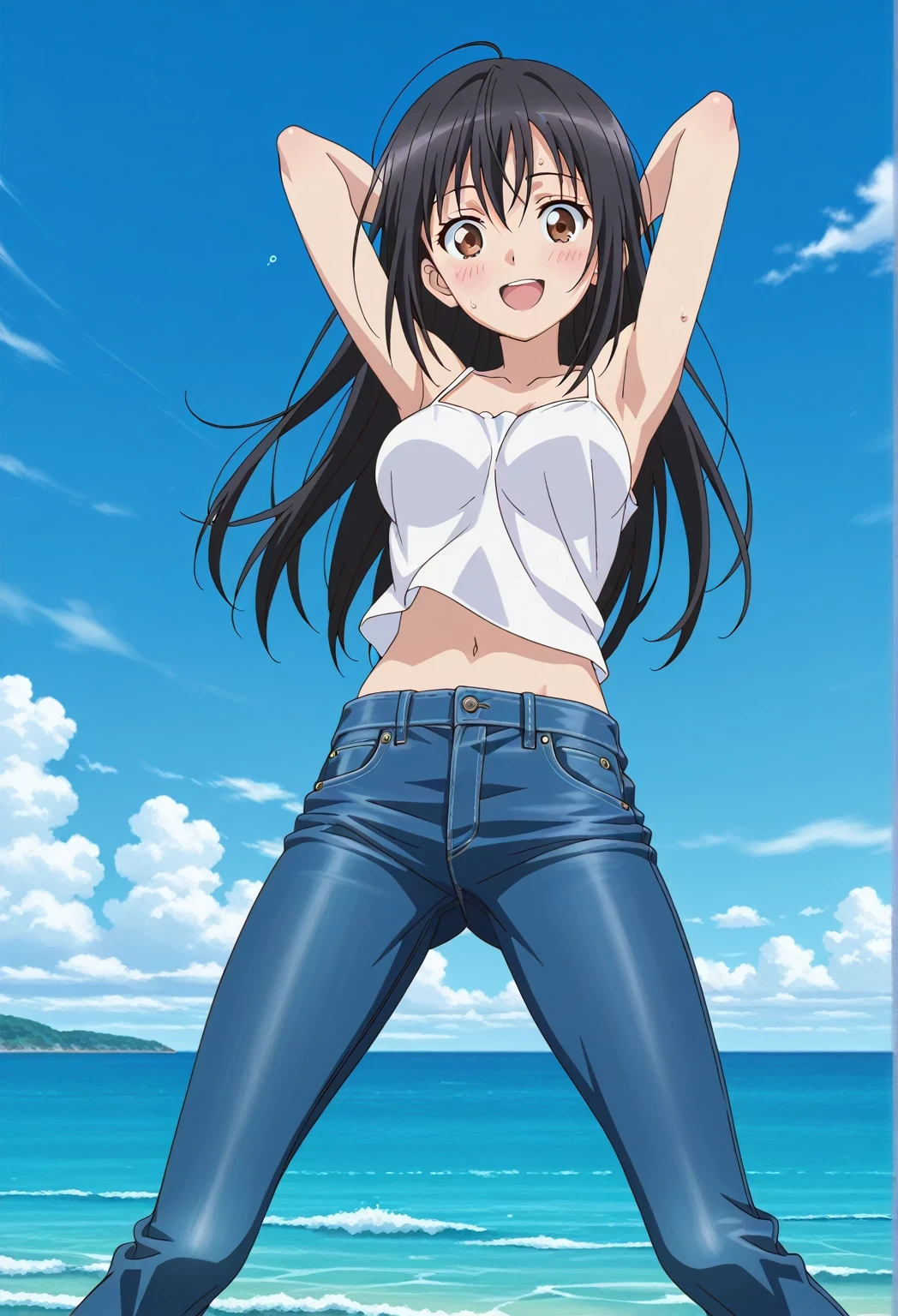 score_9, score_8_up, score_7_up, source_anime, highres, hi res, ((best quality, top quality, perfect quality, Highest Quality, amazing quality)), {{masterpiece}}, {{an extremely delicate and beautiful}}, 2d, intricate details, official style, anime, 8k, anime style, official_anime, official art, digital painting, cell shading, soft shading, high resolution, soothing tones, Subdued Color, Soft cinematic light, adobe lightroom, photolab, HDR, intricately and hyper-detailed, ((high quality animation)), 1 girl, Alone, solo, ((ocean)), tsunami, on the water, day, sunny, outdoors, sky, windy, seiri fukiyose, long hair, black hair, brown eyes, hair between eyes, anime screencap, medium breasts, white camisole top, crop top, white crop top, best quality, hyper-detailed jeans, ((blue jeans:1.9)), (dark blue jeans:0.6), full medium body, medium shot, Open mouth, smiling, happy face, blush, sweat, standing, ((arms behind head:6.0)), bowlegged, jumping pose, action, looking at viewer, spread legs, Bend knees slightly, straight-on front view
