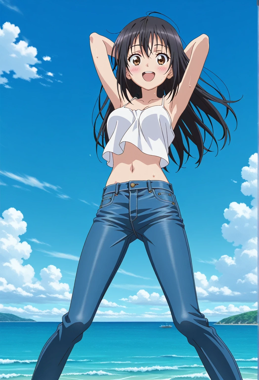 score_9, score_8_up, score_7_up, source_anime, highres, hi res, ((best quality, top quality, perfect quality, Highest Quality, amazing quality)), {{masterpiece}}, {{an extremely delicate and beautiful}}, 2d, intricate details, official style, anime, 8k, anime style, official_anime, official art, digital painting, cell shading, soft shading, high resolution, soothing tones, Subdued Color, Soft cinematic light, adobe lightroom, photolab, HDR, intricately and hyper-detailed, ((high quality animation)), 1 girl, Alone, solo, ((ocean)), tsunami, on the water, day, sunny, outdoors, sky, windy, seiri fukiyose, long hair, black hair, brown eyes, hair between eyes, anime screencap, medium breasts, white camisole top, crop top, white crop top, best quality, hyper-detailed jeans, ((blue jeans:1.9)), (dark blue jeans:0.6), full medium body, medium shot, Open mouth, smiling, happy face, blush, sweat, standing, ((arms behind head:6.0)), bowlegged, jumping pose, action, looking at viewer, spread legs, Bend knees slightly, straight-on front view