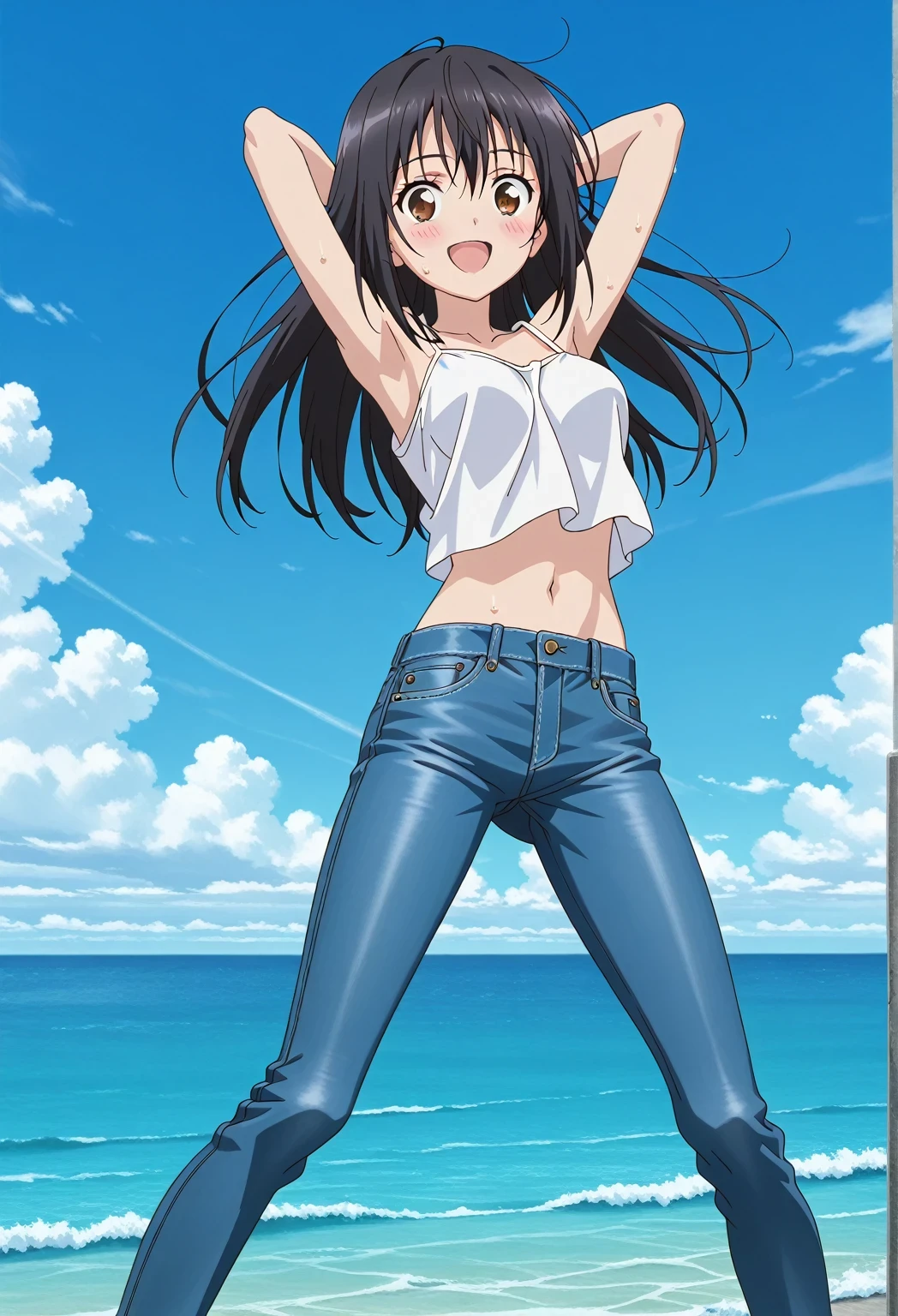 score_9, score_8_up, score_7_up, source_anime, highres, hi res, ((best quality, top quality, perfect quality, Highest Quality, amazing quality)), {{masterpiece}}, {{an extremely delicate and beautiful}}, 2d, intricate details, official style, anime, 8k, anime style, official_anime, official art, digital painting, cell shading, soft shading, high resolution, soothing tones, Subdued Color, Soft cinematic light, adobe lightroom, photolab, HDR, intricately and hyper-detailed, ((high quality animation)), 1 girl, Alone, solo, ((ocean)), tsunami, on the water, day, sunny, outdoors, sky, windy, seiri fukiyose, long hair, black hair, brown eyes, hair between eyes, anime screencap, medium breasts, white camisole top, crop top, white crop top, best quality, hyper-detailed jeans, ((blue jeans:1.9)), (dark blue jeans:0.6), full medium body, medium shot, Open mouth, smiling, happy face, blush, sweat, standing, ((arms behind head:6.0)), bowlegged, jumping pose, action, looking at viewer, spread legs, Bend knees slightly, straight-on front view