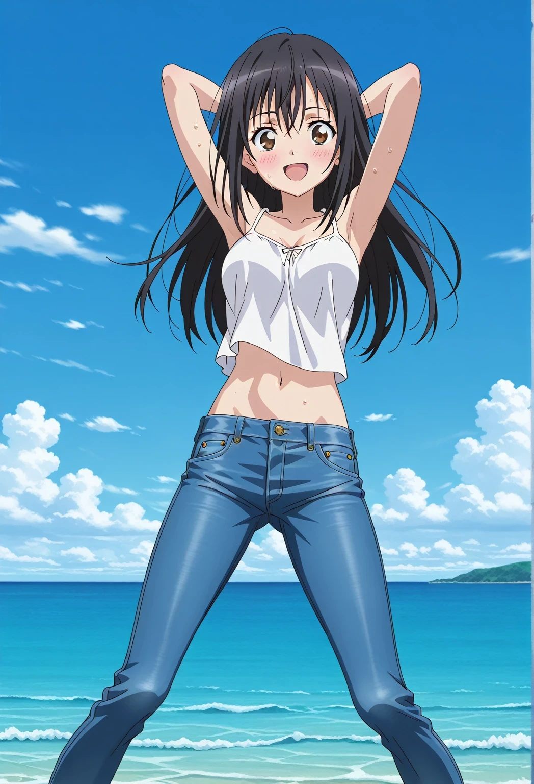 score_9, score_8_up, score_7_up, source_anime, highres, hi res, ((best quality, top quality, perfect quality, Highest Quality, amazing quality)), {{masterpiece}}, {{an extremely delicate and beautiful}}, 2d, intricate details, official style, anime, 8k, anime style, official_anime, official art, digital painting, cell shading, soft shading, high resolution, soothing tones, Subdued Color, Soft cinematic light, adobe lightroom, photolab, HDR, intricately and hyper-detailed, ((high quality animation)), 1 girl, Alone, solo, ((ocean)), tsunami, on the water, day, sunny, outdoors, sky, windy, seiri fukiyose, long hair, black hair, brown eyes, hair between eyes, anime screencap, medium breasts, white camisole top, crop top, white crop top, best quality, hyper-detailed jeans, ((blue jeans:1.9)), (dark blue jeans:0.6), full medium body, medium shot, Open mouth, smiling, happy face, blush, sweat, standing, ((arms behind head:6.0)), bowlegged, jumping pose, action, looking at viewer, spread legs, Bend knees slightly, straight-on front view