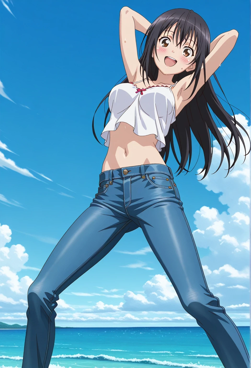 score_9, score_8_up, score_7_up, source_anime, highres, hi res, ((best quality, top quality, perfect quality, Highest Quality, amazing quality)), {{masterpiece}}, {{an extremely delicate and beautiful}}, 2d, intricate details, official style, anime, 8k, anime style, official_anime, official art, digital painting, cell shading, soft shading, high resolution, soothing tones, Subdued Color, Soft cinematic light, adobe lightroom, photolab, HDR, intricately and hyper-detailed, ((high quality animation)), 1 girl, Alone, solo, ((ocean)), tsunami, on the water, day, sunny, outdoors, sky, windy, seiri fukiyose, long hair, black hair, brown eyes, hair between eyes, anime screencap, medium breasts, white camisole top, crop top, white crop top, best quality, hyper-detailed jeans, ((blue jeans:1.9)), (dark blue jeans:0.6), full medium body, medium shot, Open mouth, smiling, happy face, blush, sweat, standing, ((arms behind head:6.0)), bowlegged, jumping pose, action, looking at viewer, spread legs, Bend knees slightly, straight-on front view