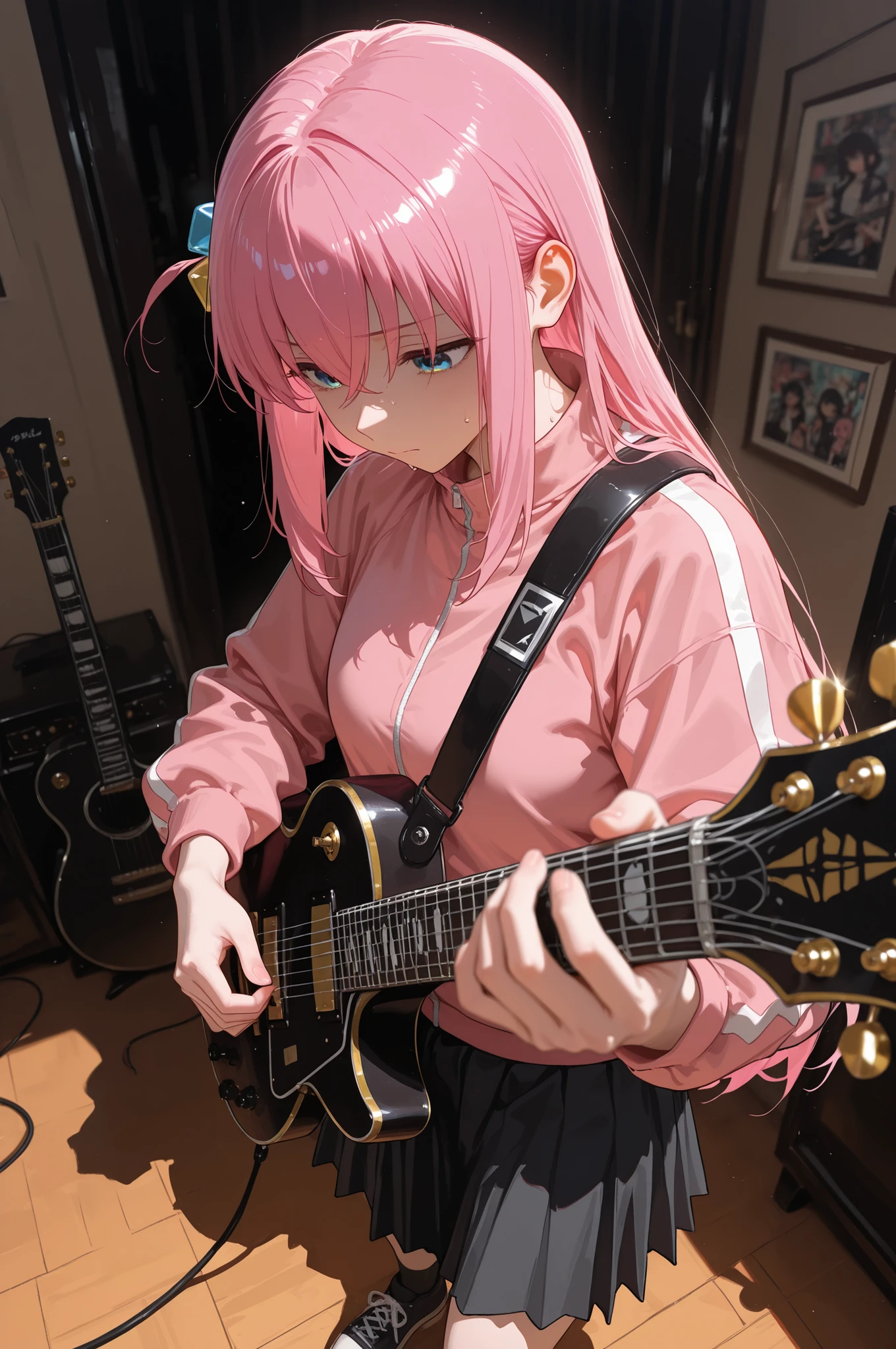 masterpiece,best quality,amazing quality,very aesthetic,absurdres,highres,newest,HDR,8K,high detail,subtle,high contrast,real background,smooth shading,glossy surfaces,colorful depth,
1girl,solo,gotoh hitori\(bocchi the rock!\),pink hair,jacket,long hair,one side up,track jacket,skirt,Serious performance,guitar playing,(guitar pic:1.4),sweat,enthusiasm,diagonal angle,high angle,dak depth,masterful shading,low kye,dak depth,chiaroscuro,impasto,(shallow depth of field:1.4),(foreshortening:1.4),composition looking down on the guitar,