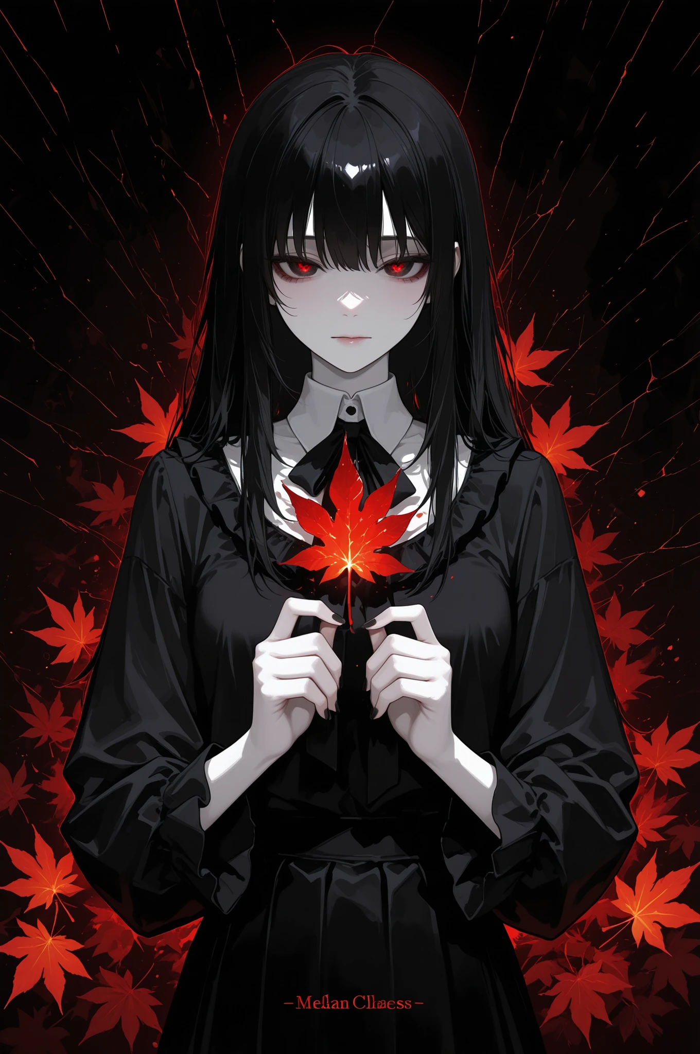 748cmstyle, abstract style, artistic, Mysterious young woman with pale skin and messy black hair, half face hidden in deep shadows, holding fractured glass shard. Glass fragments scatter into glowing white and red maple leaves dissolving into abstract patterns. Background almost completely black, high contrast light and darkness. Surreal dark anime style with gothic undertones, painterly textures, strong chiaroscuro lighting. Off-center composition with sharp diagonal lines, fractured unsettling effect. Atmosphere eerie, melancholic, otherworldly, sense of loneliness and quiet despair. On-screen text faint cryptic rune-like symbols inscribed on glass shard blending with fragmented leaves.