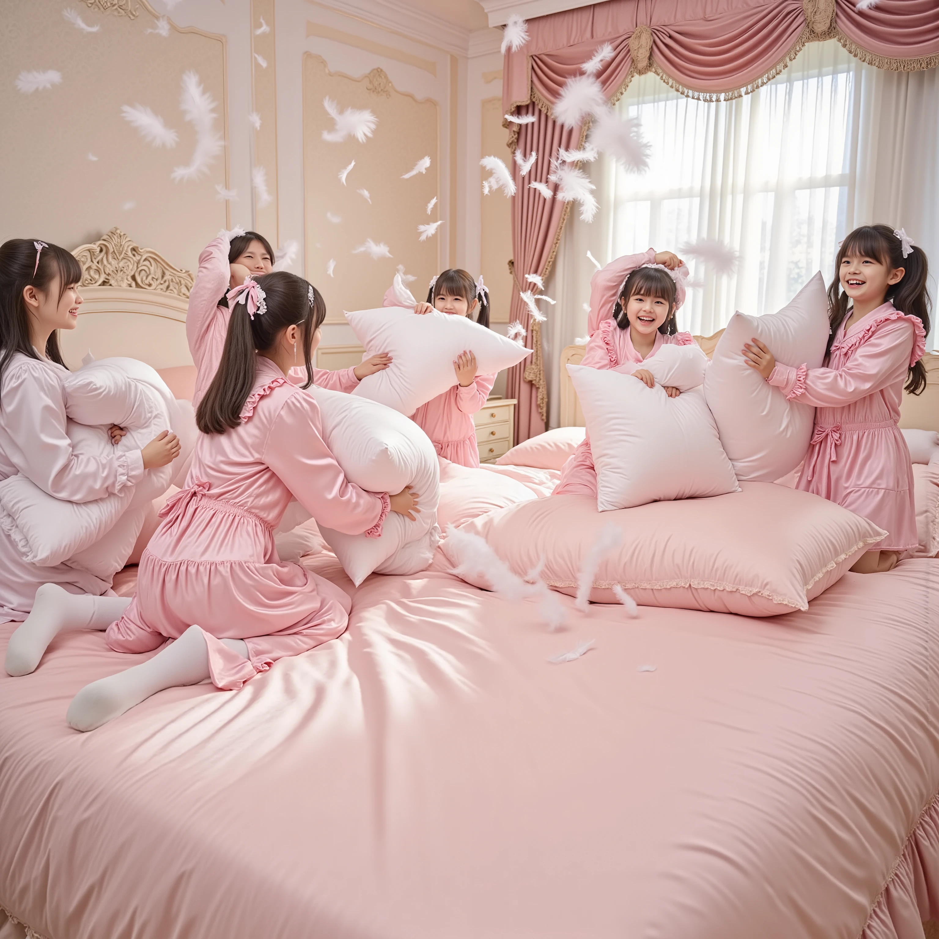 A group of little Japanese girls are having a lively pillow fight on a huge soft bed. They are wearing cute pastel-colored pajamas. Feathers burst and float beautifully through the air as they hit each other with pillows. The bed shakes with movement, and the scene is full of laughter and energy. Soft morning light comes through the curtains, illuminating the flying feathers. Cinematic camera movement, dynamic composition, 4K ultra-detailed