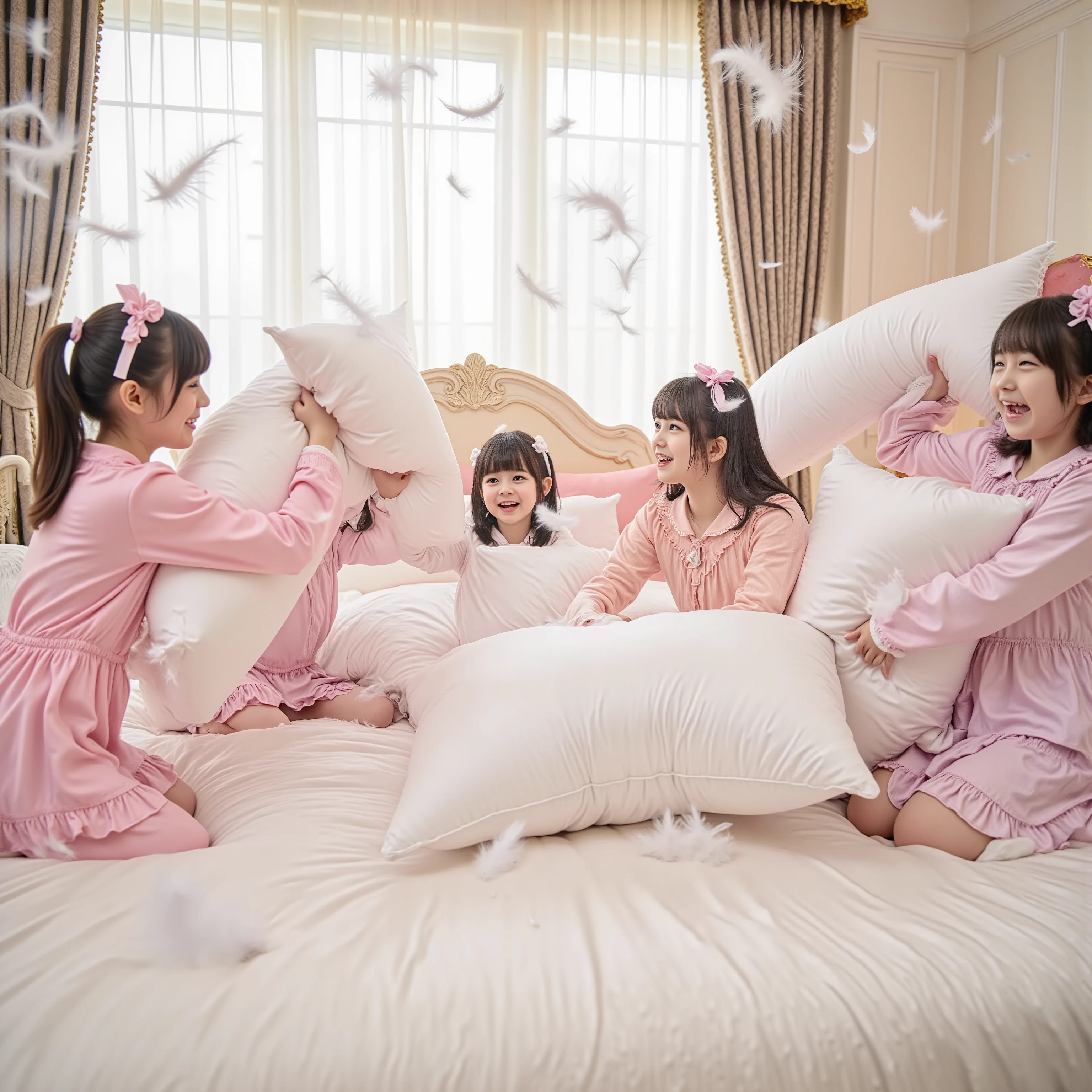A group of little Japanese girls are having a lively pillow fight on a huge soft bed. They are wearing cute pastel-colored pajamas. Feathers burst and float beautifully through the air as they hit each other with pillows. The bed shakes with movement, and the scene is full of laughter and energy. Soft morning light comes through the curtains, illuminating the flying feathers. Cinematic camera movement, dynamic composition, 4K ultra-detailed