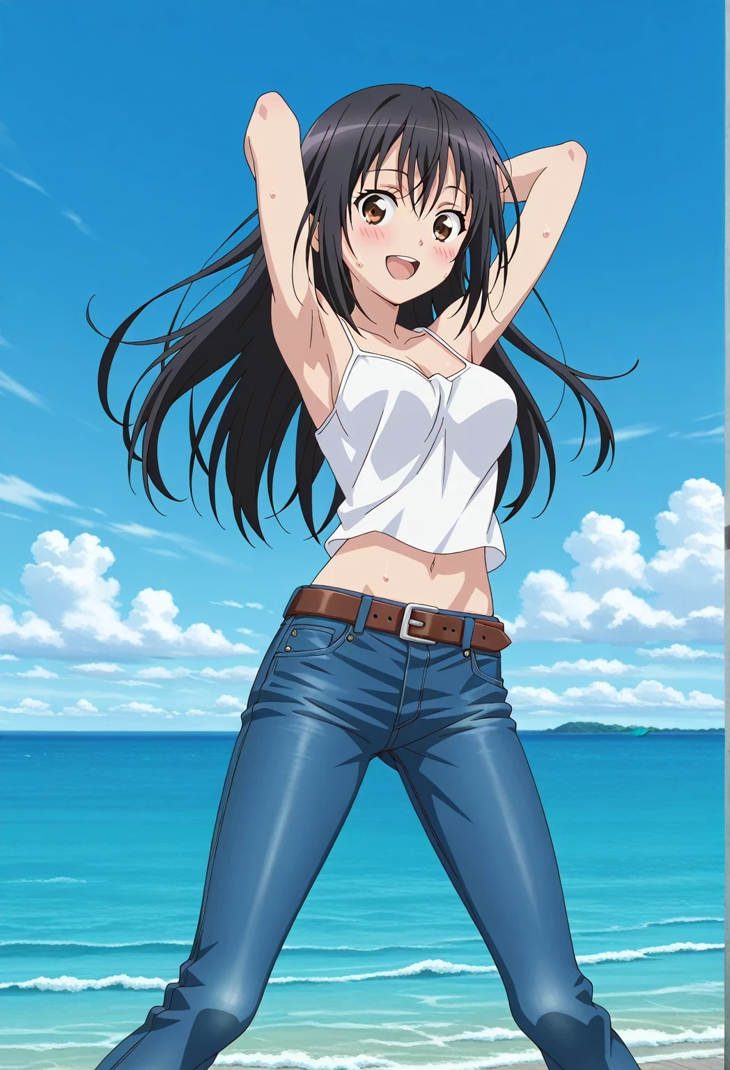 score_9, score_8_up, score_7_up, source_anime, highres, hi res, ((best quality, top quality, perfect quality, Highest Quality, amazing quality)), {{masterpiece}}, {{an extremely delicate and beautiful}}, 2d, intricate details, official style, anime, 8k, anime style, official_anime, official art, digital painting, cell shading, soft shading, high resolution, soothing tones, Subdued Color, Soft cinematic light, adobe lightroom, photolab, HDR, intricately and hyper-detailed, ((high quality animation)), 1 girl, Alone, solo, ((ocean)), tsunami, on the water, day, sunny, outdoors, sky, windy, seiri fukiyose, long hair, black hair, brown eyes, hair between eyes, anime screencap, medium breasts, white camisole top, crop top, white crop top, best quality, hyper-detailed jeans, belt, brown belt, ((blue jeans:1.9)), (dark blue jeans:0.6), full medium body, medium shot, Open mouth, smiling, happy face, blush, sweat, standing, ((arms behind head:6.0)), bowlegged, jumping pose, action, looking at viewer, spread legs, Bend knees slightly, straight-on front view