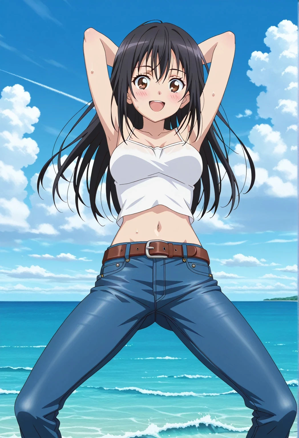 score_9, score_8_up, score_7_up, source_anime, highres, hi res, ((best quality, top quality, perfect quality, Highest Quality, amazing quality)), {{masterpiece}}, {{an extremely delicate and beautiful}}, 2d, intricate details, official style, anime, 8k, anime style, official_anime, official art, digital painting, cell shading, soft shading, high resolution, soothing tones, Subdued Color, Soft cinematic light, adobe lightroom, photolab, HDR, intricately and hyper-detailed, ((high quality animation)), 1 girl, Alone, solo, ((ocean)), tsunami, on the water, day, sunny, outdoors, sky, windy, seiri fukiyose, long hair, black hair, brown eyes, hair between eyes, anime screencap, medium breasts, white camisole top, crop top, white crop top, best quality, hyper-detailed jeans, belt, brown belt, ((blue jeans:1.9)), (dark blue jeans:0.6), full medium body, medium shot, Open mouth, smiling, happy face, blush, sweat, standing, ((arms behind head:6.0)), bowlegged, jumping pose, action, looking at viewer, spread legs, Bend knees slightly, straight-on front view