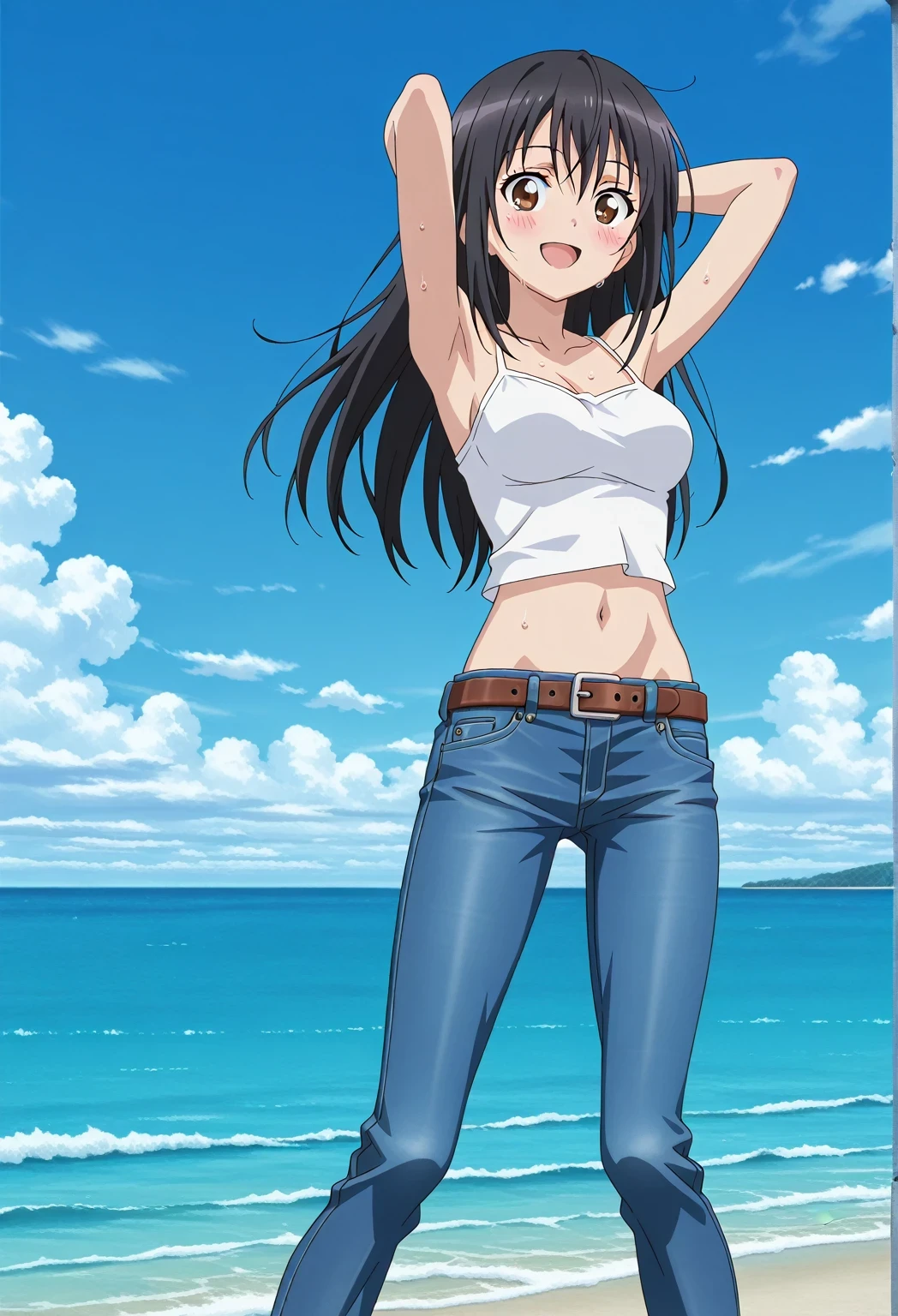 score_9, score_8_up, score_7_up, source_anime, highres, hi res, ((best quality, top quality, perfect quality, Highest Quality, amazing quality)), {{masterpiece}}, {{an extremely delicate and beautiful}}, 2d, intricate details, official style, anime, 8k, anime style, official_anime, official art, digital painting, cell shading, soft shading, high resolution, soothing tones, Subdued Color, Soft cinematic light, adobe lightroom, photolab, HDR, intricately and hyper-detailed, ((high quality animation)), 1 girl, Alone, solo, ((ocean)), tsunami, on the water, day, sunny, outdoors, sky, windy, seiri fukiyose, long hair, black hair, brown eyes, hair between eyes, anime screencap, medium breasts, white camisole top, crop top, white crop top, best quality, hyper-detailed jeans, belt, brown belt, ((blue jeans:1.9)), (dark blue jeans:0.6), full medium body, medium shot, Open mouth, smiling, happy face, blush, sweat, standing, ((arms behind head:6.0)), bowlegged, jumping pose, action, looking at viewer, spread legs, Bend knees slightly, straight-on front view
