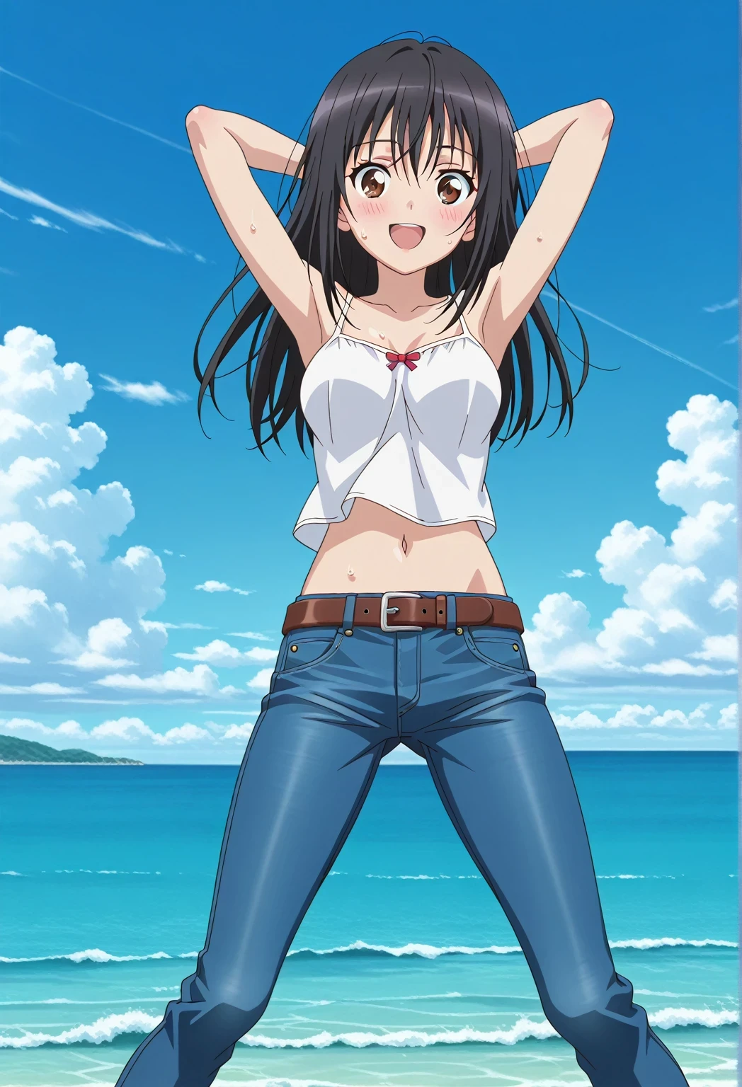 score_9, score_8_up, score_7_up, source_anime, highres, hi res, ((best quality, top quality, perfect quality, Highest Quality, amazing quality)), {{masterpiece}}, {{an extremely delicate and beautiful}}, 2d, intricate details, official style, anime, 8k, anime style, official_anime, official art, digital painting, cell shading, soft shading, high resolution, soothing tones, Subdued Color, Soft cinematic light, adobe lightroom, photolab, HDR, intricately and hyper-detailed, ((high quality animation)), 1 girl, Alone, solo, ((ocean)), tsunami, on the water, day, sunny, outdoors, sky, windy, seiri fukiyose, long hair, black hair, brown eyes, hair between eyes, anime screencap, medium breasts, white camisole top, crop top, white crop top, best quality, hyper-detailed jeans, belt, brown belt, ((blue jeans:1.9)), (dark blue jeans:0.6), full medium body, medium shot, Open mouth, smiling, happy face, blush, sweat, standing, ((arms behind head:6.0)), bowlegged, jumping pose, action, looking at viewer, spread legs, Bend knees slightly, straight-on front view