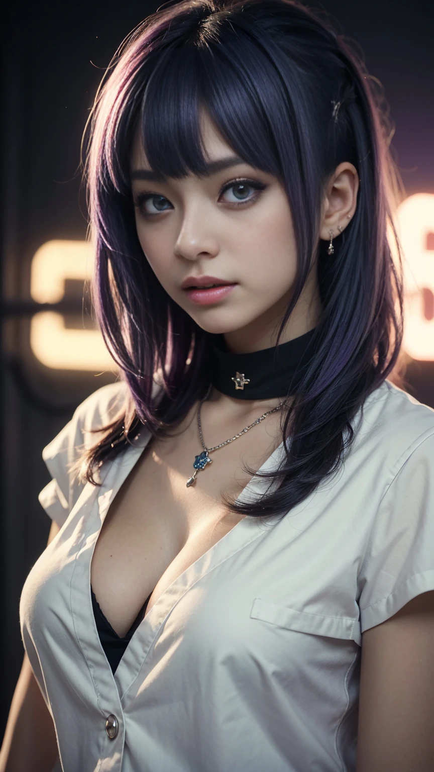 red eyes, (highest quality, masterpiece, realistic paint:1.3), immature woman, 16 years old, (half body shot), ultra-high resolution, (Photoreal:1.0), (light purple hair:1.5), straight hair, beautiful shining hair, white and shining skin, ((Ultra realistic details)), octane rendering, highly detailed face, (??????????????:1.1), pump, Single strap shirt, black leather jacket, black leather skirt, open neckline, cleavage, perfect body, soft skin, silver earrings, (pure white background:1.4), sharp focus, intricate details, professional artwork, (bright colors:1.1), bright colors, diffused lighting, digital blending, ultra-definition body, ultra detail hair, super detailed face, trending on pixiv, top button open, Cute gaze, compensate, perfect lips, perfect compensate, Ultra-precision coating, (light_smile:0.8), (smugness:1.2), blush your nose,