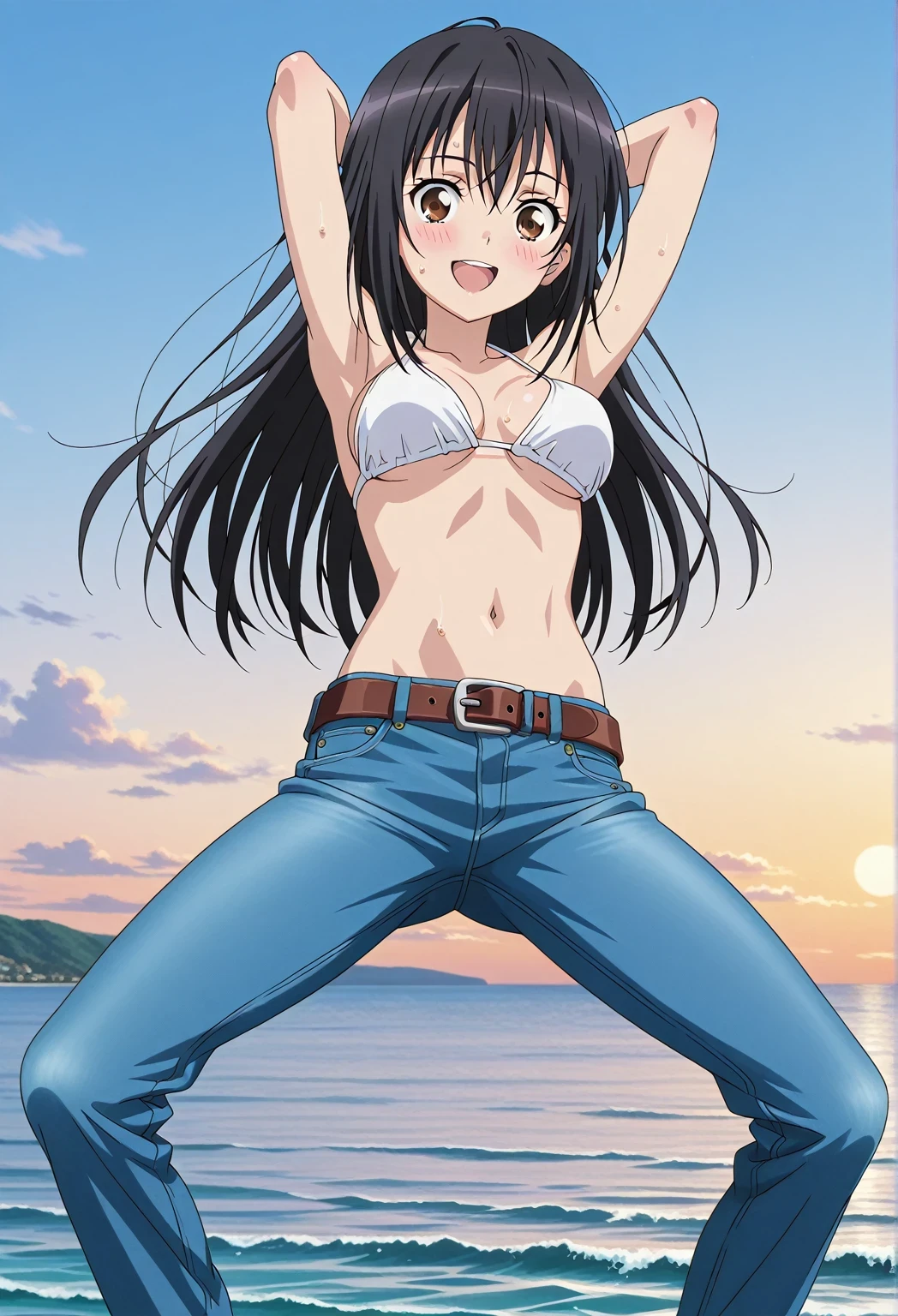 score_9, score_8_up, score_7_up, source_anime, highres, hi res, ((best quality, top quality, perfect quality, Highest Quality, amazing quality)), {{masterpiece}}, {{an extremely delicate and beautiful}}, 2d, intricate details, official style, anime, 8k, anime style, official_anime, official art, digital painting, cell shading, soft shading, high resolution, soothing tones, Subdued Color, Soft cinematic light, adobe lightroom, photolab, HDR, intricately and hyper-detailed, ((high quality animation)), 1 girl, Alone, solo, ((ocean)), tsunami, on the water, day, sunny, outdoors, sky, windy, seiri fukiyose, long hair, black hair, brown eyes, hair between eyes, anime screencap, medium breasts, white bikini top, best quality, hyper-detailed jeans, belt, brown belt, ((blue jeans:1.9)), (dark blue jeans:0.6), full medium body, medium shot, Open mouth, smiling, happy face, blush, sweat, standing, ((arms behind head:6.0)), bowlegged, jumping pose, action, looking at viewer, spread legs, Bend knees slightly, straight-on front view
