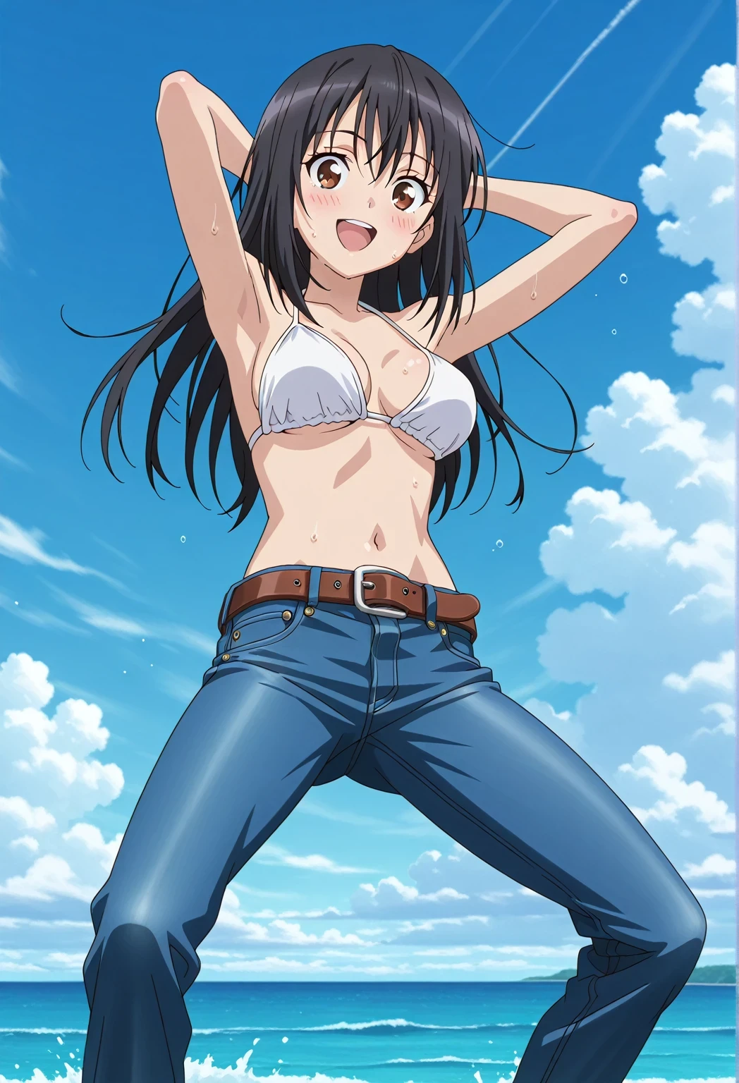 score_9, score_8_up, score_7_up, source_anime, highres, hi res, ((best quality, top quality, perfect quality, Highest Quality, amazing quality)), {{masterpiece}}, {{an extremely delicate and beautiful}}, 2d, intricate details, official style, anime, 8k, anime style, official_anime, official art, digital painting, cell shading, soft shading, high resolution, soothing tones, Subdued Color, Soft cinematic light, adobe lightroom, photolab, HDR, intricately and hyper-detailed, ((high quality animation)), 1 girl, Alone, solo, ((ocean)), tsunami, on the water, day, sunny, outdoors, sky, windy, seiri fukiyose, long hair, black hair, brown eyes, hair between eyes, anime screencap, medium breasts, white bikini top, best quality, hyper-detailed jeans, belt, brown belt, ((blue jeans:1.9)), (dark blue jeans:0.6), full medium body, medium shot, Open mouth, smiling, happy face, blush, sweat, standing, ((arms behind head:6.0)), bowlegged, jumping pose, action, looking at viewer, spread legs, Bend knees slightly, straight-on front view