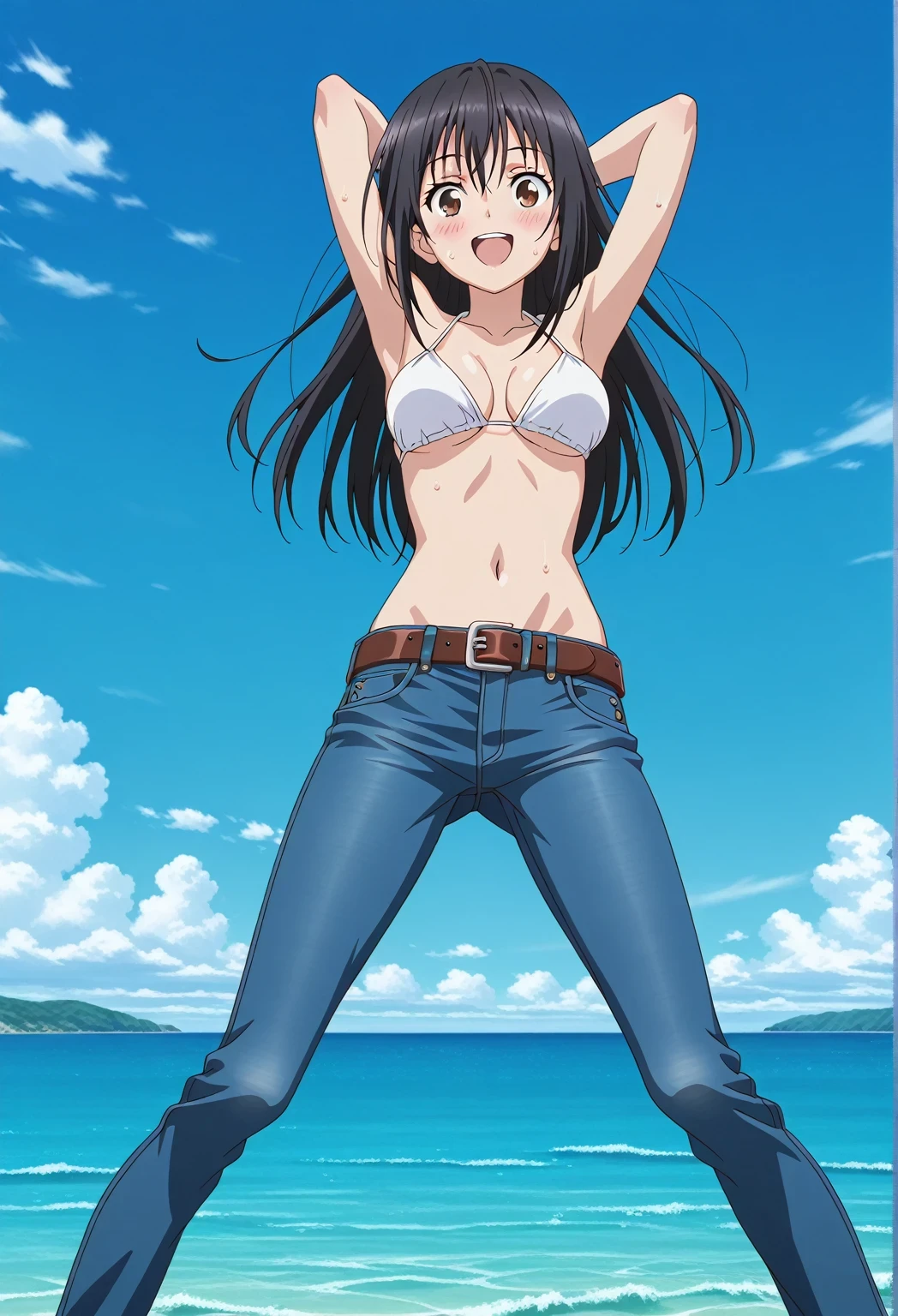 score_9, score_8_up, score_7_up, source_anime, highres, hi res, ((best quality, top quality, perfect quality, Highest Quality, amazing quality)), {{masterpiece}}, {{an extremely delicate and beautiful}}, 2d, intricate details, official style, anime, 8k, anime style, official_anime, official art, digital painting, cell shading, soft shading, high resolution, soothing tones, Subdued Color, Soft cinematic light, adobe lightroom, photolab, HDR, intricately and hyper-detailed, ((high quality animation)), 1 girl, Alone, solo, ((ocean)), tsunami, on the water, day, sunny, outdoors, sky, windy, seiri fukiyose, long hair, black hair, brown eyes, hair between eyes, anime screencap, medium breasts, white bikini top, best quality, hyper-detailed jeans, belt, brown belt, ((blue jeans:1.9)), (dark blue jeans:0.6), full medium body, medium shot, Open mouth, smiling, happy face, blush, sweat, standing, ((arms behind head:6.0)), bowlegged, jumping pose, action, looking at viewer, spread legs, Bend knees slightly, straight-on front view