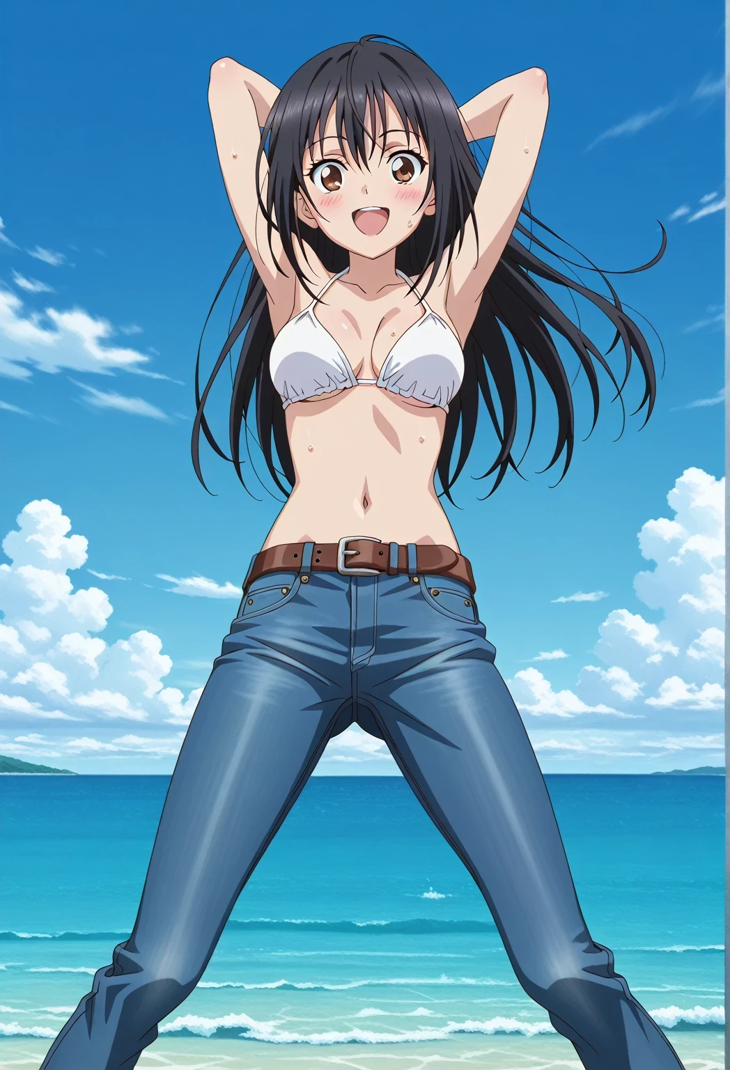 score_9, score_8_up, score_7_up, source_anime, highres, hi res, ((best quality, top quality, perfect quality, Highest Quality, amazing quality)), {{masterpiece}}, {{an extremely delicate and beautiful}}, 2d, intricate details, official style, anime, 8k, anime style, official_anime, official art, digital painting, cell shading, soft shading, high resolution, soothing tones, Subdued Color, Soft cinematic light, adobe lightroom, photolab, HDR, intricately and hyper-detailed, ((high quality animation)), 1 girl, Alone, solo, ((ocean)), tsunami, on the water, day, sunny, outdoors, sky, windy, seiri fukiyose, long hair, black hair, brown eyes, hair between eyes, anime screencap, medium breasts, white bikini top, best quality, hyper-detailed jeans, belt, brown belt, ((blue jeans:1.9)), (dark blue jeans:0.6), full medium body, medium shot, Open mouth, smiling, happy face, blush, sweat, standing, ((arms behind head:6.0)), bowlegged, jumping pose, action, looking at viewer, spread legs, Bend knees slightly, straight-on front view