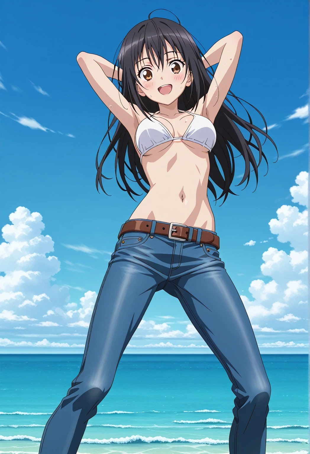score_9, score_8_up, score_7_up, source_anime, highres, hi res, ((best quality, top quality, perfect quality, Highest Quality, amazing quality)), {{masterpiece}}, {{an extremely delicate and beautiful}}, 2d, intricate details, official style, anime, 8k, anime style, official_anime, official art, digital painting, cell shading, soft shading, high resolution, soothing tones, Subdued Color, Soft cinematic light, adobe lightroom, photolab, HDR, intricately and hyper-detailed, ((high quality animation)), 1 girl, Alone, solo, ((ocean)), tsunami, on the water, day, sunny, outdoors, sky, windy, seiri fukiyose, long hair, black hair, brown eyes, hair between eyes, anime screencap, medium breasts, white bikini top, best quality, hyper-detailed jeans, belt, brown belt, ((blue jeans:1.9)), (dark blue jeans:0.6), full medium body, medium shot, Open mouth, smiling, happy face, blush, sweat, standing, ((arms behind head:6.0)), bowlegged, jumping pose, action, looking at viewer, spread legs, Bend knees slightly, straight-on front view