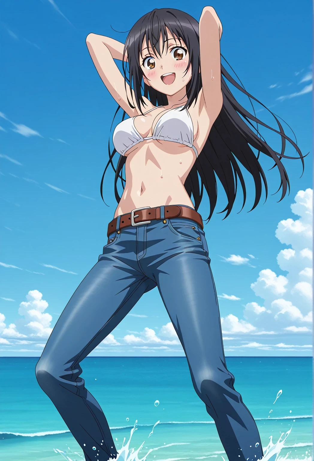 score_9, score_8_up, score_7_up, source_anime, highres, hi res, ((best quality, top quality, perfect quality, Highest Quality, amazing quality)), {{masterpiece}}, {{an extremely delicate and beautiful}}, 2d, intricate details, official style, anime, 8k, anime style, official_anime, official art, digital painting, cell shading, soft shading, high resolution, soothing tones, Subdued Color, Soft cinematic light, adobe lightroom, photolab, HDR, intricately and hyper-detailed, ((high quality animation)), 1 girl, Alone, solo, ((ocean)), tsunami, on the water, day, sunny, outdoors, sky, windy, seiri fukiyose, long hair, black hair, brown eyes, hair between eyes, anime screencap, medium breasts, white bikini top, best quality, hyper-detailed jeans, belt, brown belt, ((blue jeans:1.9)), (dark blue jeans:0.6), full medium body, medium shot, Open mouth, smiling, happy face, blush, sweat, standing, ((arms behind head:6.0)), bowlegged, jumping pose, action, looking at viewer, spread legs, Bend knees slightly, straight-on front view