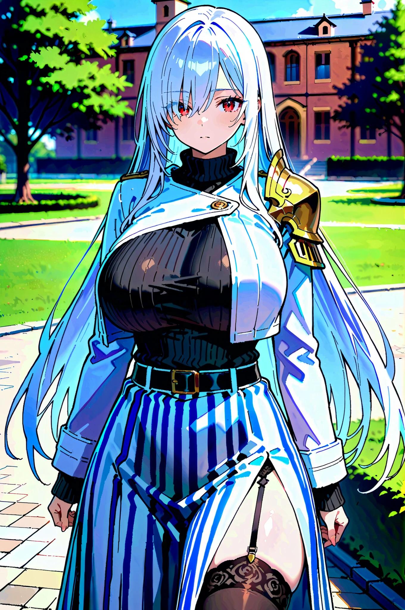 1girl, solo, , mansion, garden, outside, (blurry background:1.1), cowboy shot, looking at viewer, naginap, white hair, red eyes, long hair, hair between eyes, eyelashes, hair over one eye, turtleneck sweater, black sweater, white jacket, cropped jacket, single shoulder armor, long sleeves, sleeves past wrists, white belt, white skirt, light blue skirt, striped skirt, long skirt, garter straps, black thighhighs, masterpiece, best quality, amazing quality