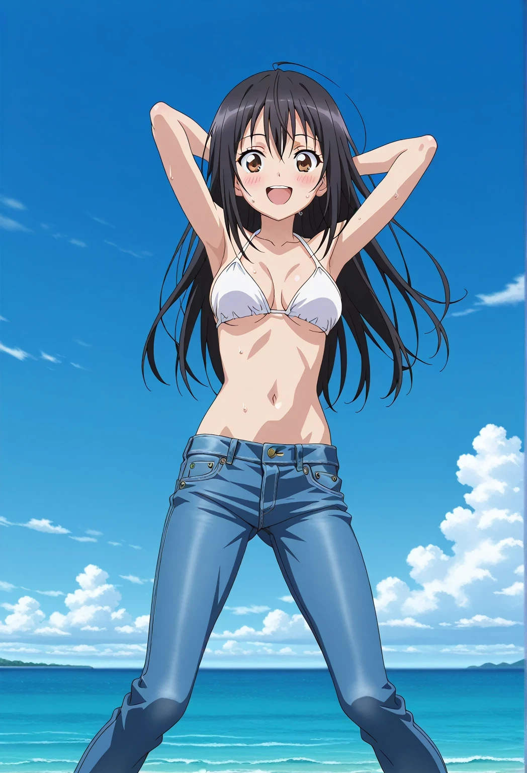 score_9, score_8_up, score_7_up, source_anime, highres, hi res, ((best quality, top quality, perfect quality, Highest Quality, amazing quality)), {{masterpiece}}, {{an extremely delicate and beautiful}}, 2d, intricate details, official style, anime, 8k, anime style, official_anime, official art, digital painting, cell shading, soft shading, high resolution, soothing tones, Subdued Color, Soft cinematic light, adobe lightroom, photolab, HDR, intricately and hyper-detailed, ((high quality animation)), 1 girl, Alone, solo, ((ocean)), tsunami, on the water, day, sunny, outdoors, sky, windy, seiri fukiyose, long hair, black hair, brown eyes, hair between eyes, anime screencap, medium breasts, white bikini top, best quality, hyper-detailed jeans, ((blue jeans:1.9)), (dark blue jeans:0.6), full medium body, medium shot, Open mouth, smiling, happy face, blush, sweat, standing, ((arms behind head:6.0)), bowlegged, jumping pose, action, looking at viewer, spread legs, Bend knees slightly, straight-on front view