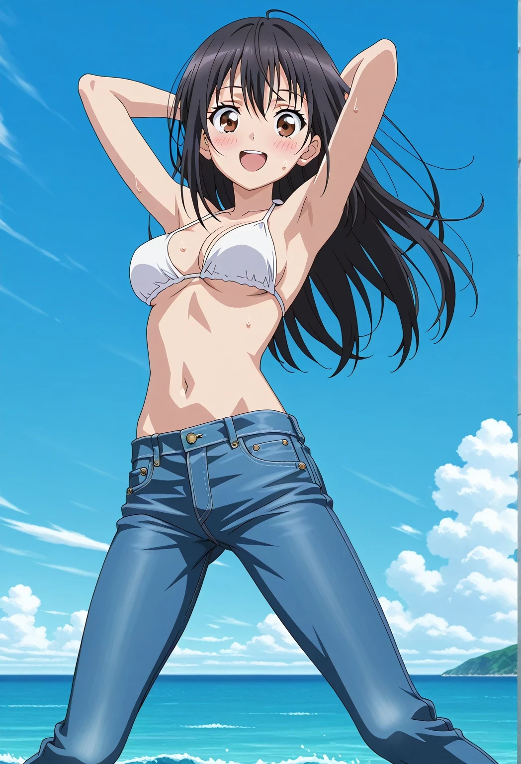 score_9, score_8_up, score_7_up, source_anime, highres, hi res, ((best quality, top quality, perfect quality, Highest Quality, amazing quality)), {{masterpiece}}, {{an extremely delicate and beautiful}}, 2d, intricate details, official style, anime, 8k, anime style, official_anime, official art, digital painting, cell shading, soft shading, high resolution, soothing tones, Subdued Color, Soft cinematic light, adobe lightroom, photolab, HDR, intricately and hyper-detailed, ((high quality animation)), 1 girl, Alone, solo, ((ocean)), tsunami, on the water, day, sunny, outdoors, sky, windy, seiri fukiyose, long hair, black hair, brown eyes, hair between eyes, anime screencap, medium breasts, white bikini top, best quality, hyper-detailed jeans, ((blue jeans:1.9)), (dark blue jeans:0.6), full medium body, medium shot, Open mouth, smiling, happy face, blush, sweat, standing, ((arms behind head:6.0)), bowlegged, jumping pose, action, looking at viewer, spread legs, Bend knees slightly, straight-on front view