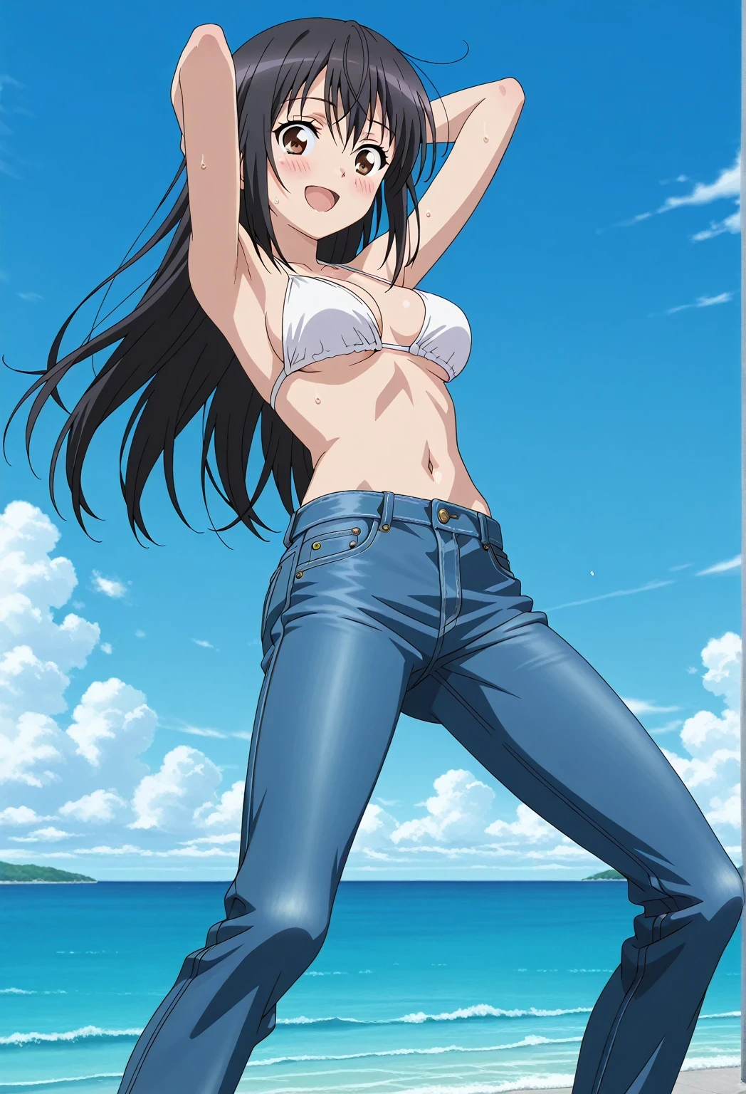 score_9, score_8_up, score_7_up, source_anime, highres, hi res, ((best quality, top quality, perfect quality, Highest Quality, amazing quality)), {{masterpiece}}, {{an extremely delicate and beautiful}}, 2d, intricate details, official style, anime, 8k, anime style, official_anime, official art, digital painting, cell shading, soft shading, high resolution, soothing tones, Subdued Color, Soft cinematic light, adobe lightroom, photolab, HDR, intricately and hyper-detailed, ((high quality animation)), 1 girl, Alone, solo, ((ocean)), tsunami, on the water, day, sunny, outdoors, sky, windy, seiri fukiyose, long hair, black hair, brown eyes, hair between eyes, anime screencap, medium breasts, white bikini top, best quality, hyper-detailed jeans, ((blue jeans:1.9)), (dark blue jeans:0.6), full medium body, medium shot, Open mouth, smiling, happy face, blush, sweat, standing, ((arms behind head:6.0)), bowlegged, jumping pose, action, looking at viewer, spread legs, Bend knees slightly, straight-on front view