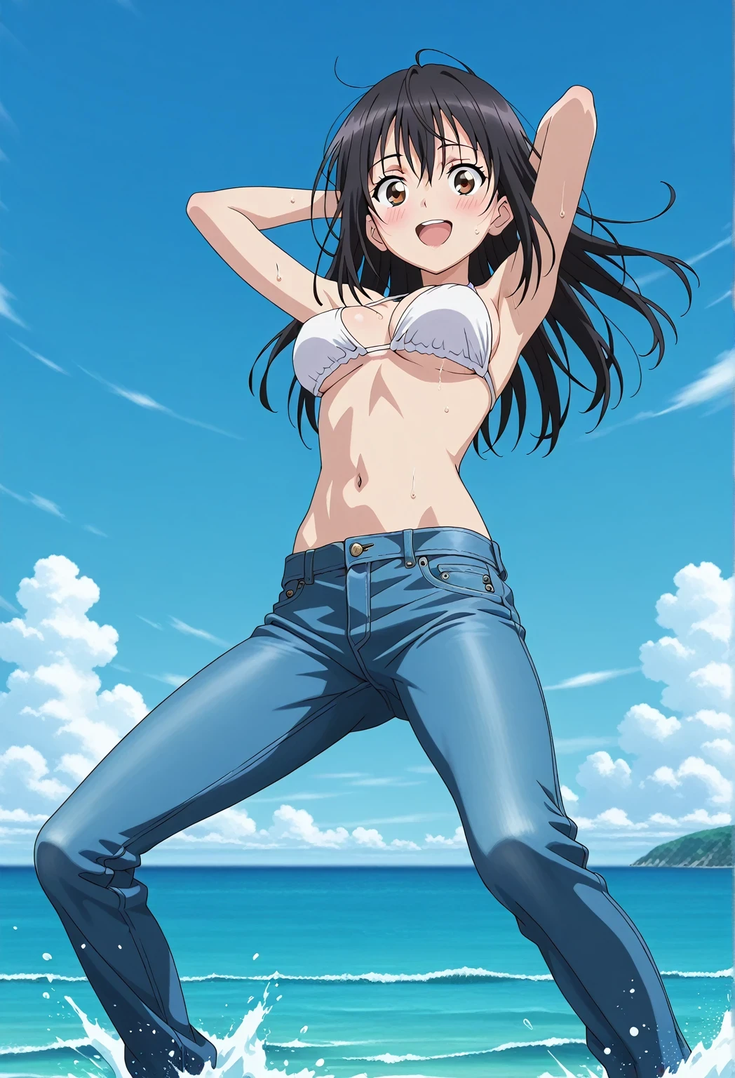 score_9, score_8_up, score_7_up, source_anime, highres, hi res, ((best quality, top quality, perfect quality, Highest Quality, amazing quality)), {{masterpiece}}, {{an extremely delicate and beautiful}}, 2d, intricate details, official style, anime, 8k, anime style, official_anime, official art, digital painting, cell shading, soft shading, high resolution, soothing tones, Subdued Color, Soft cinematic light, adobe lightroom, photolab, HDR, intricately and hyper-detailed, ((high quality animation)), 1 girl, Alone, solo, ((ocean)), tsunami, on the water, day, sunny, outdoors, sky, windy, seiri fukiyose, long hair, black hair, brown eyes, hair between eyes, anime screencap, medium breasts, white bikini top, best quality, hyper-detailed jeans, ((blue jeans:1.9)), (dark blue jeans:0.6), full medium body, medium shot, Open mouth, smiling, happy face, blush, sweat, standing, ((arms behind head:6.0)), bowlegged, jumping pose, action, looking at viewer, spread legs, Bend knees slightly, straight-on front view
